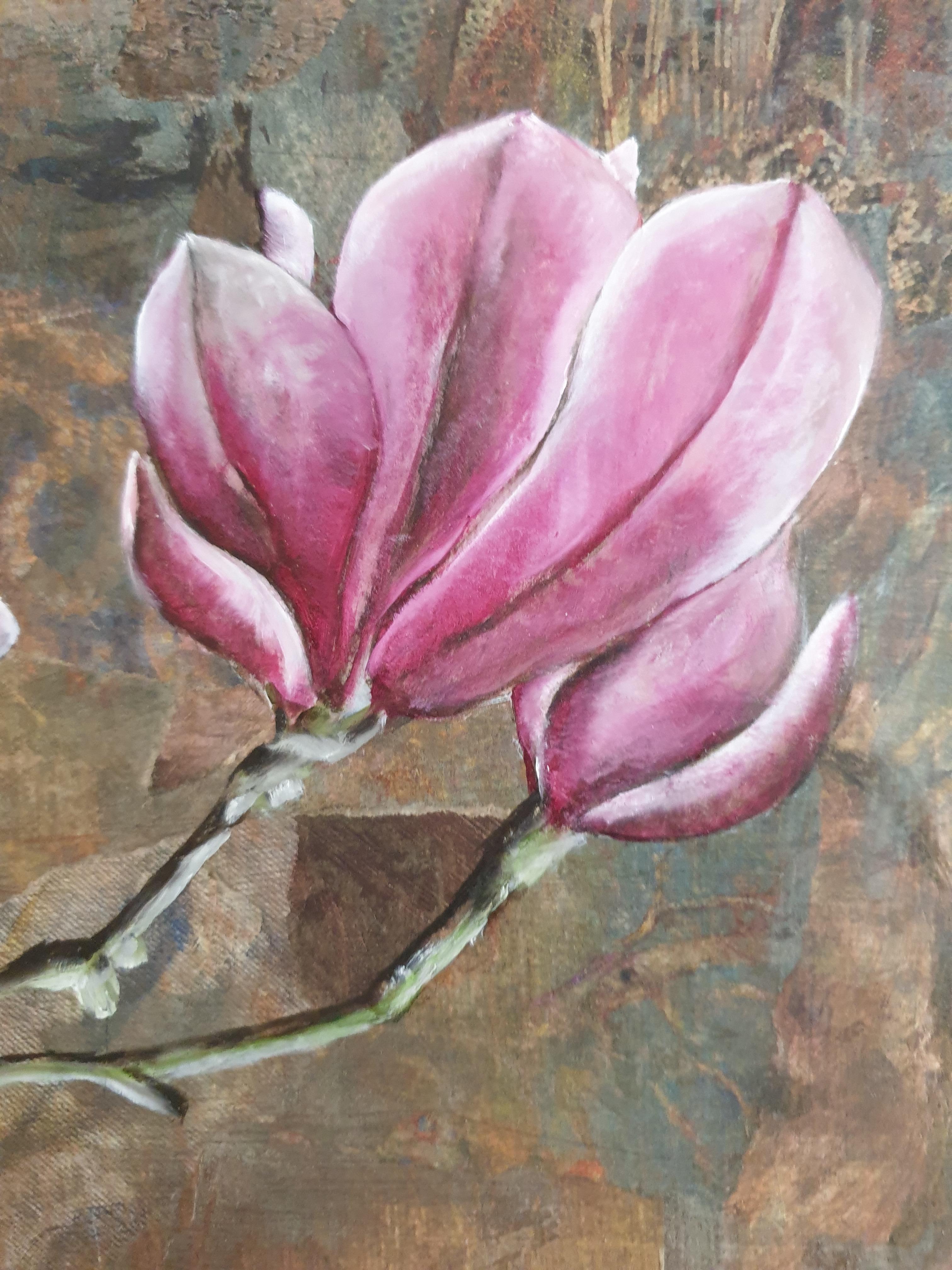 Magnolia. Contemporary Botanical Oil, Acrylic and Mixed-media on Board. For Sale 1