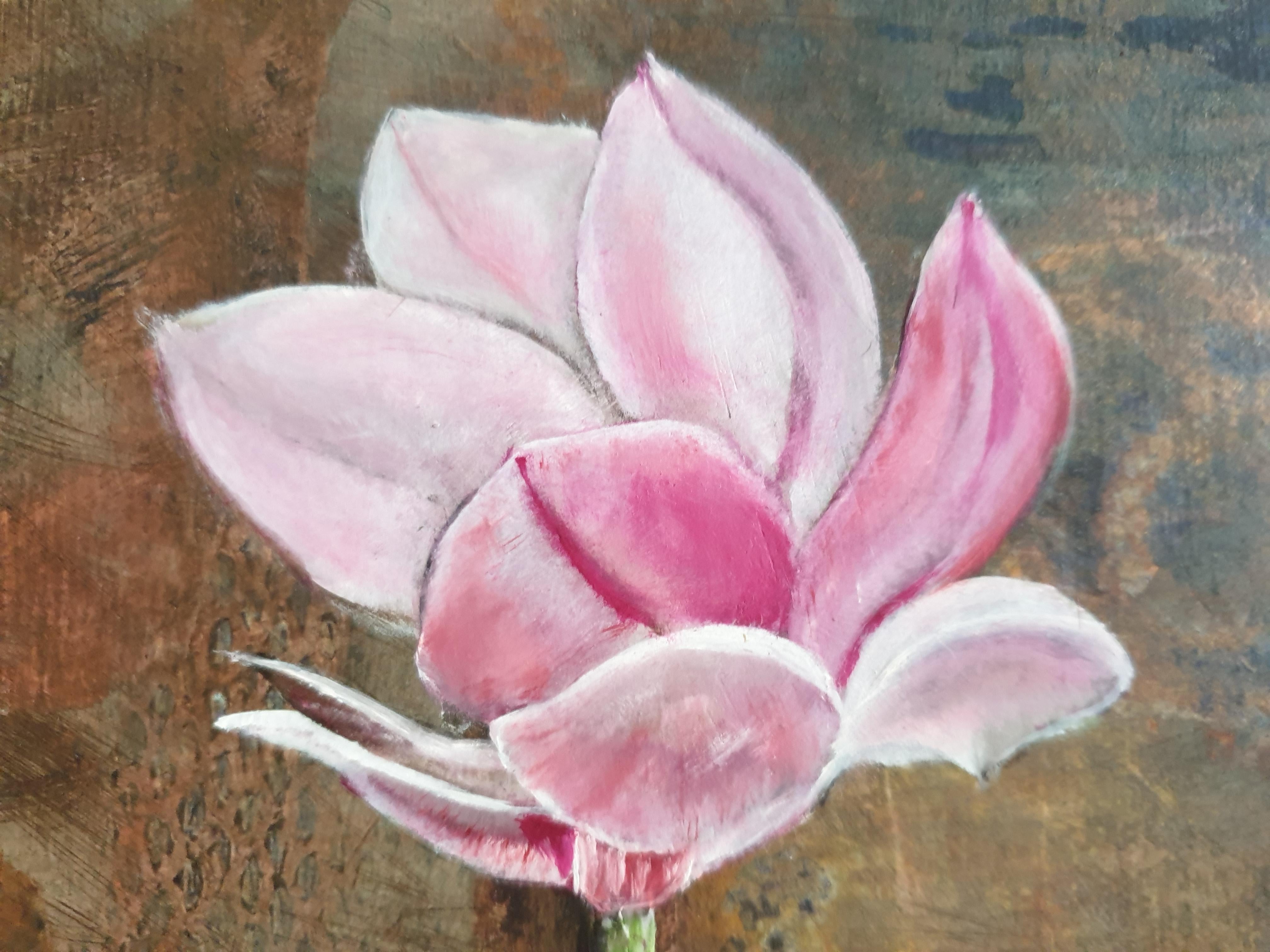Magnolia. Contemporary Botanical Oil, Acrylic and Mixed-media on Board. For Sale 2