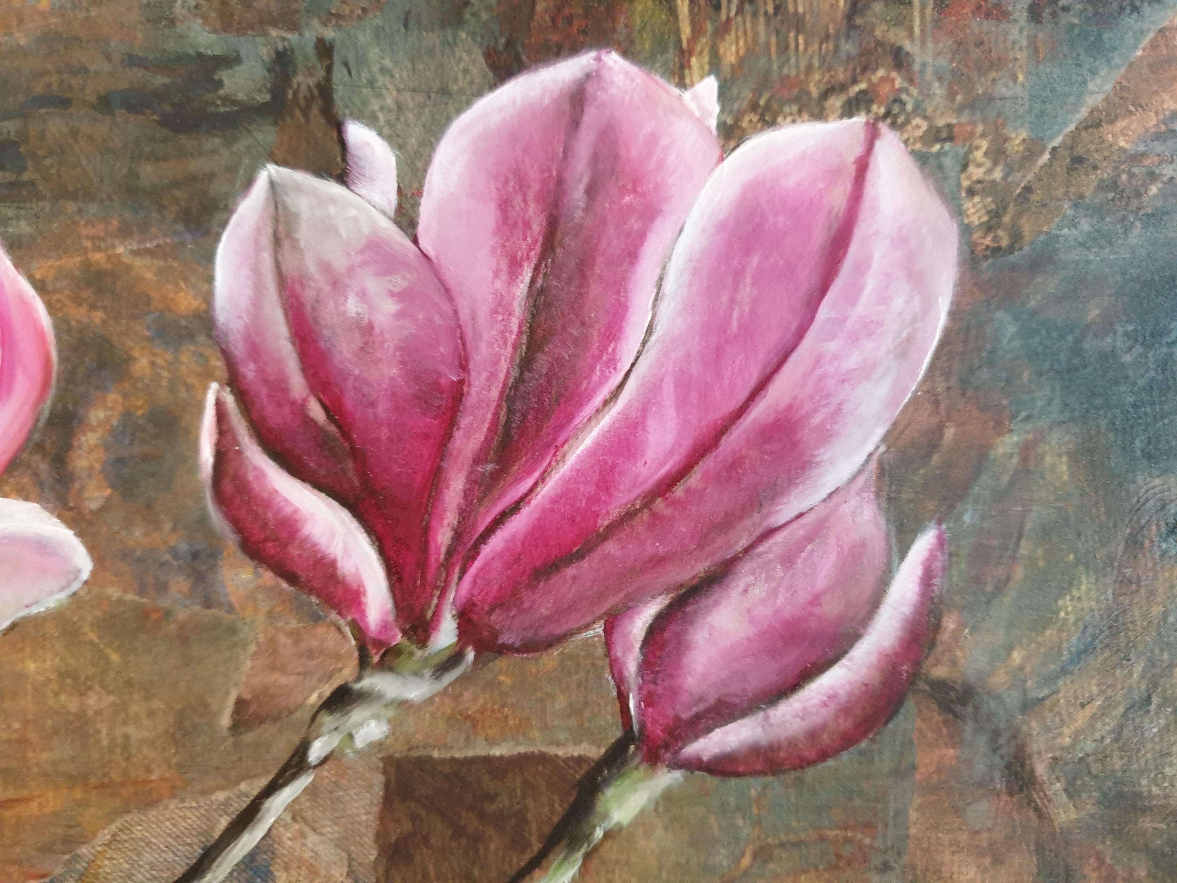 Magnolia. Contemporary Botanical Oil, Acrylic and Mixed-media on Board. For Sale 3