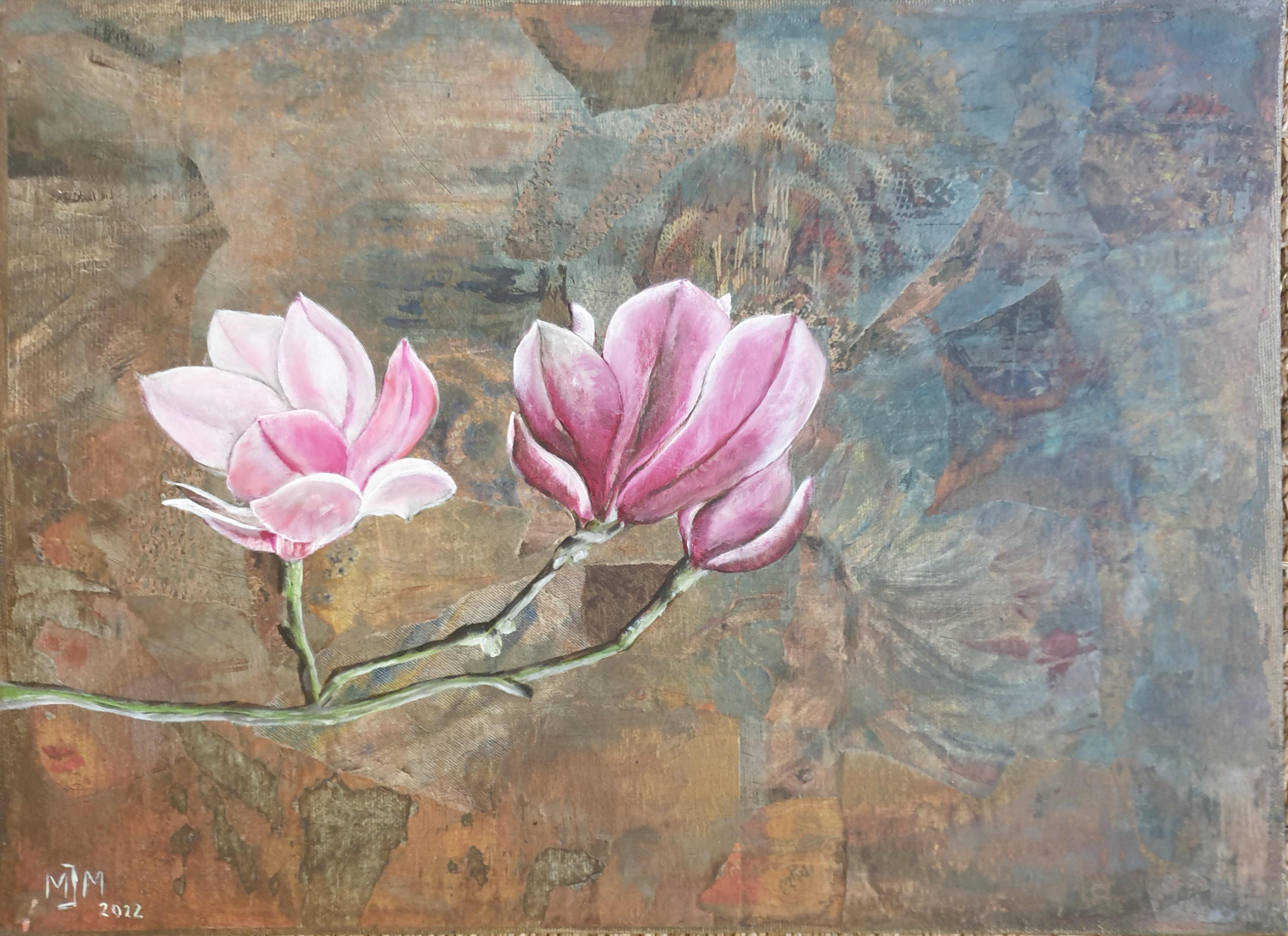 Magnolia. Huile botanique contemporaine, acrylique et panneau mixte sur toile.