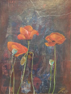 Poppies. Contemporary Botanical Oil, Acrylic and Mixed Media on Board.