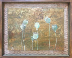 Les têtes de coquelicot. Étude botanique contemporaine à l'huile, à l'acrylique et aux techniques mixtes sur carton.