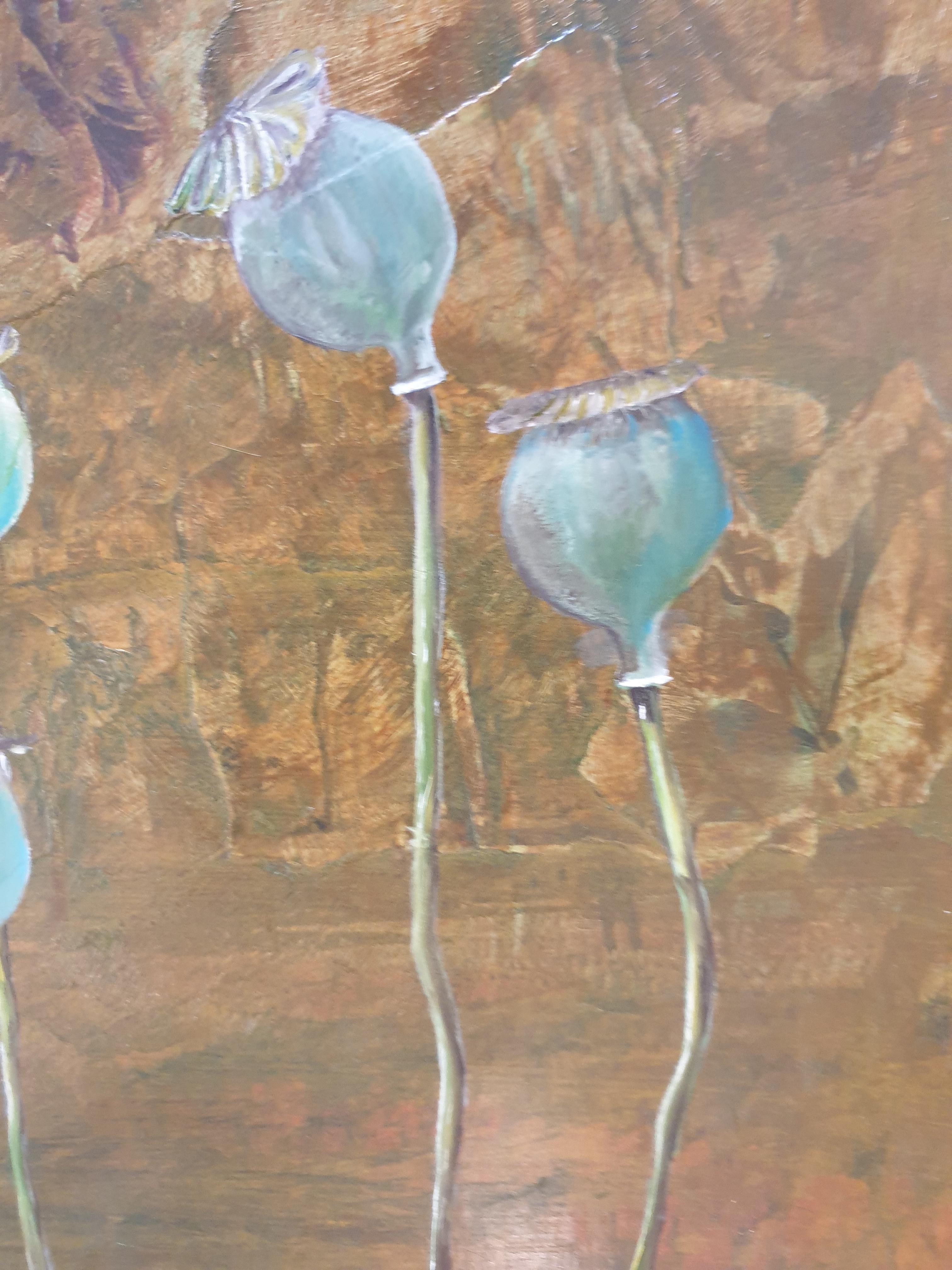 Poppy Heads. Contemporary Botanical Study Oil, Acrylic and Mixed-media on Board. For Sale 3