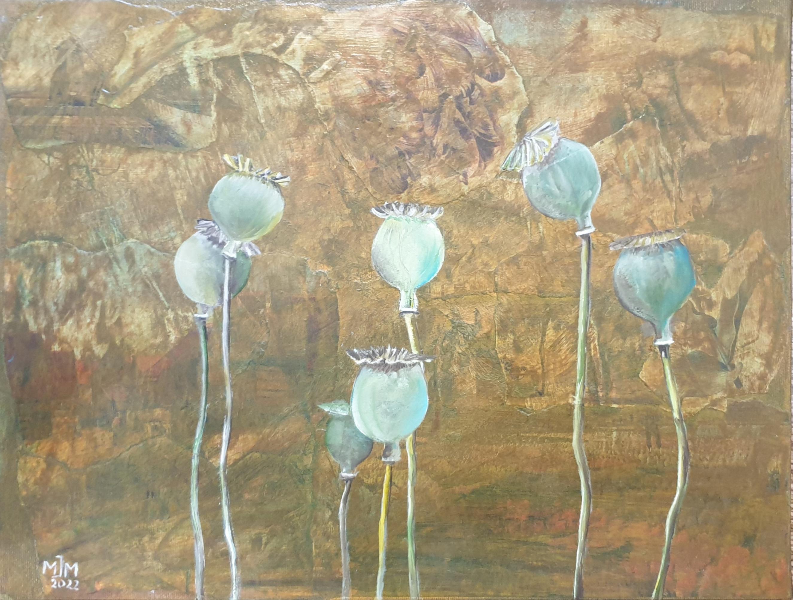 Cabezas de amapola. Estudio botánico contemporáneo Óleo, acrílico y técnica mixta sobre tabla.