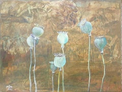 Poppy Heads. Contemporary Botanical Study Oil, Acrylic and Mixed-media on Board.