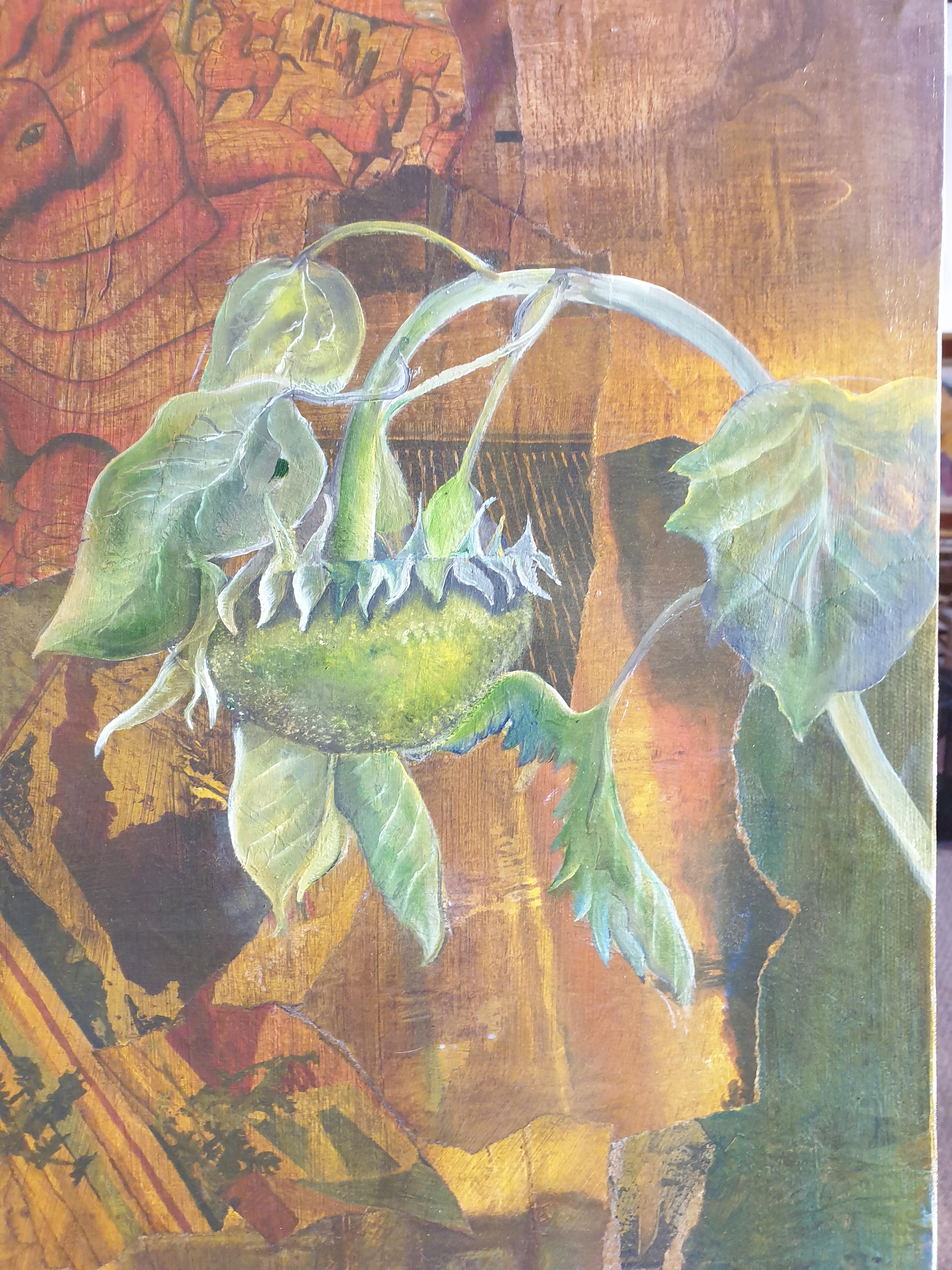 Sunflowers. Contemporary Botanical  Découpage, Oil and Mixed-media on Board. For Sale 3