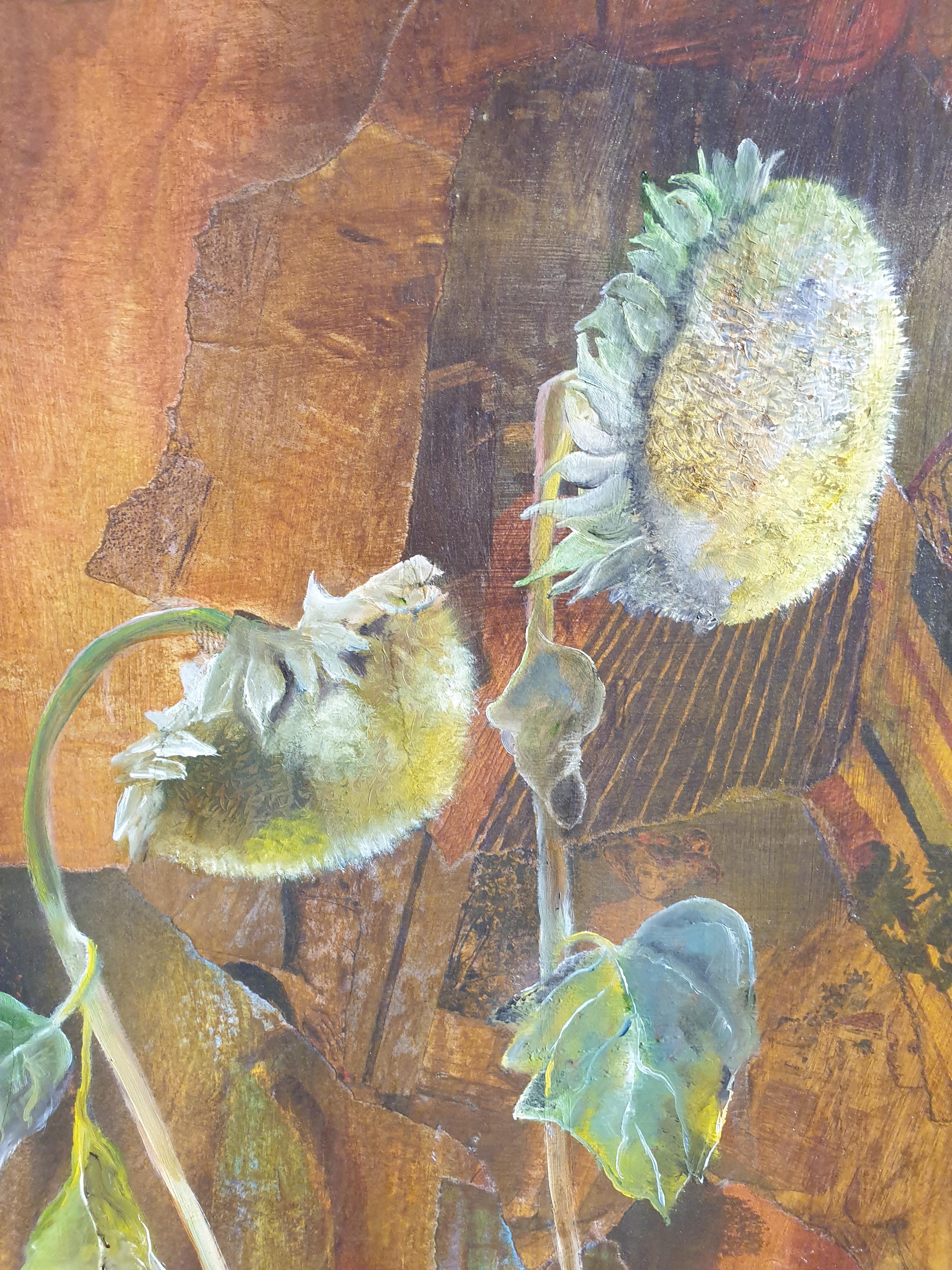 Sunflowers. Contemporary Botanical  Découpage, Oil and Mixed-media on Board. For Sale 5