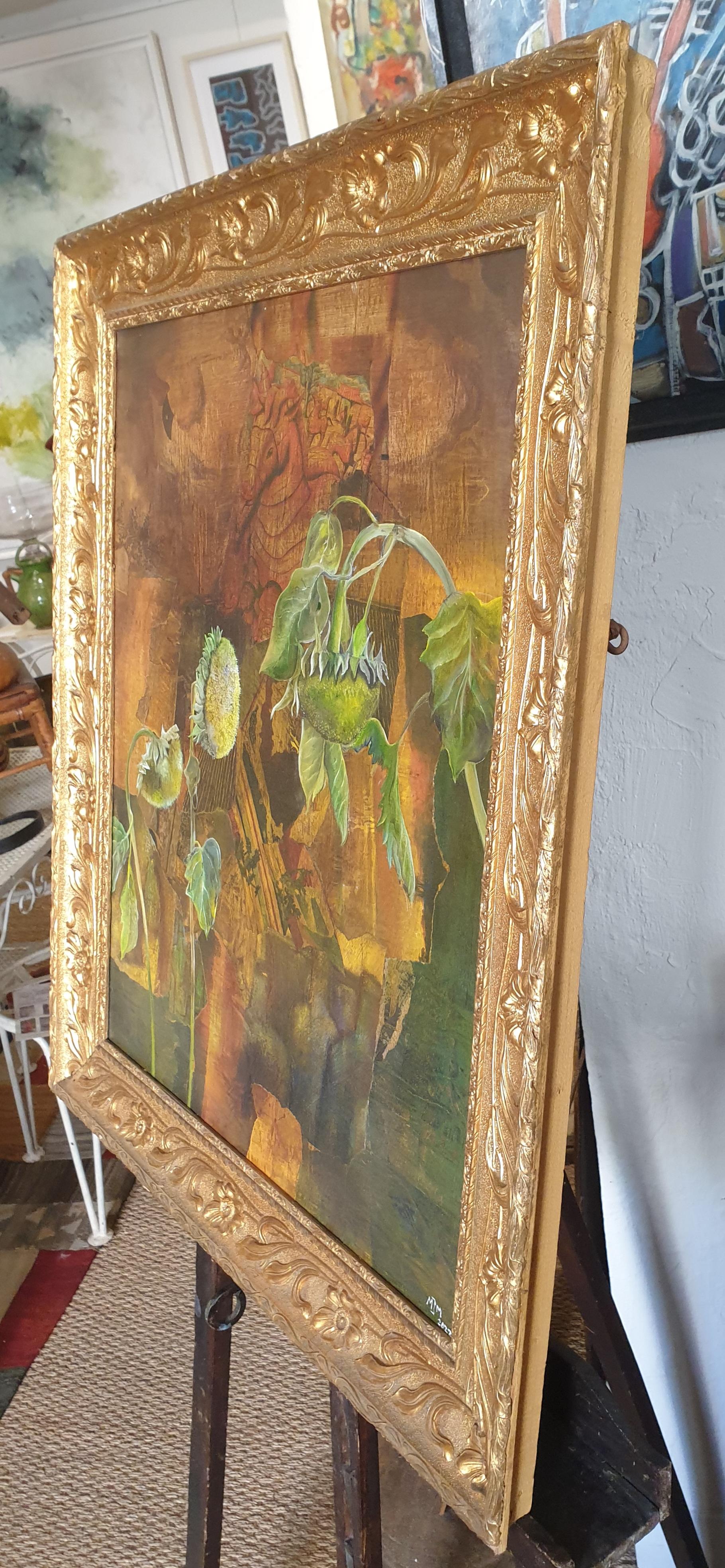 Sunflowers. Contemporary Botanical  Découpage, Oil and Mixed-media on Board. For Sale 6