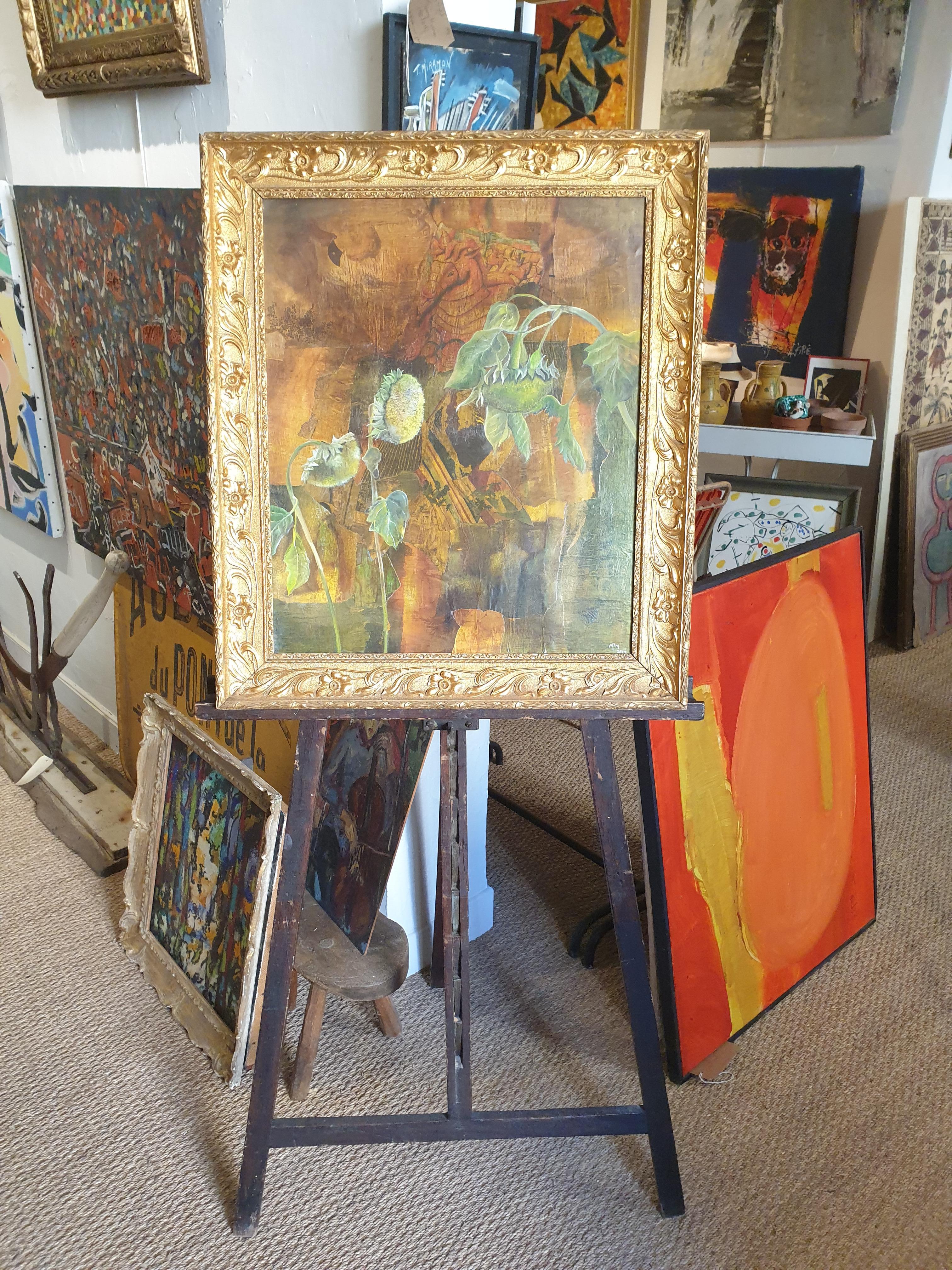 Sunflowers. Contemporary Botanical  Découpage, Oil and Mixed-media on Board. For Sale 11