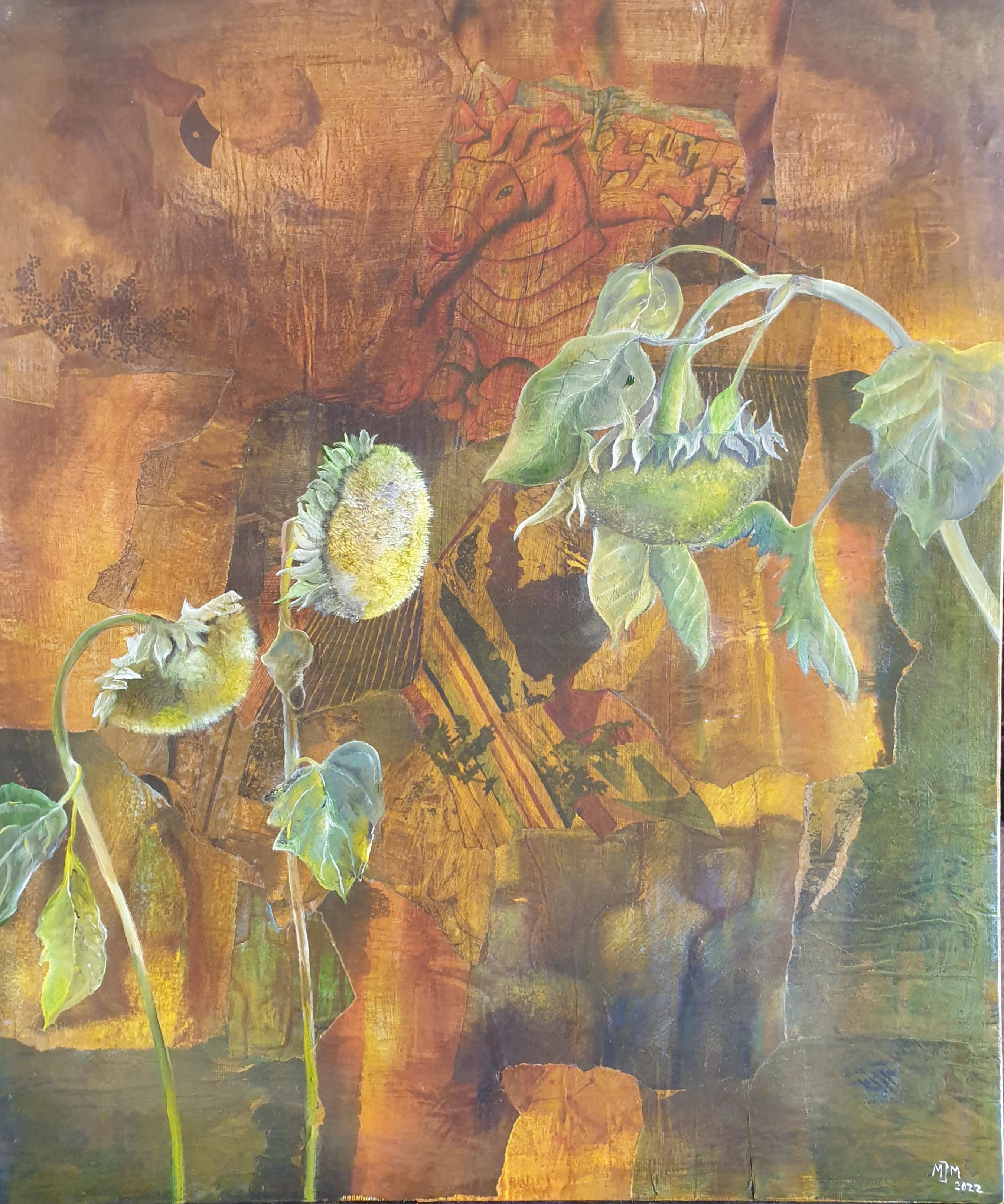 Sunflowers. Contemporary Botanical  Découpage, Oil and Mixed-media on Board. - Painting by Menno Modderman 