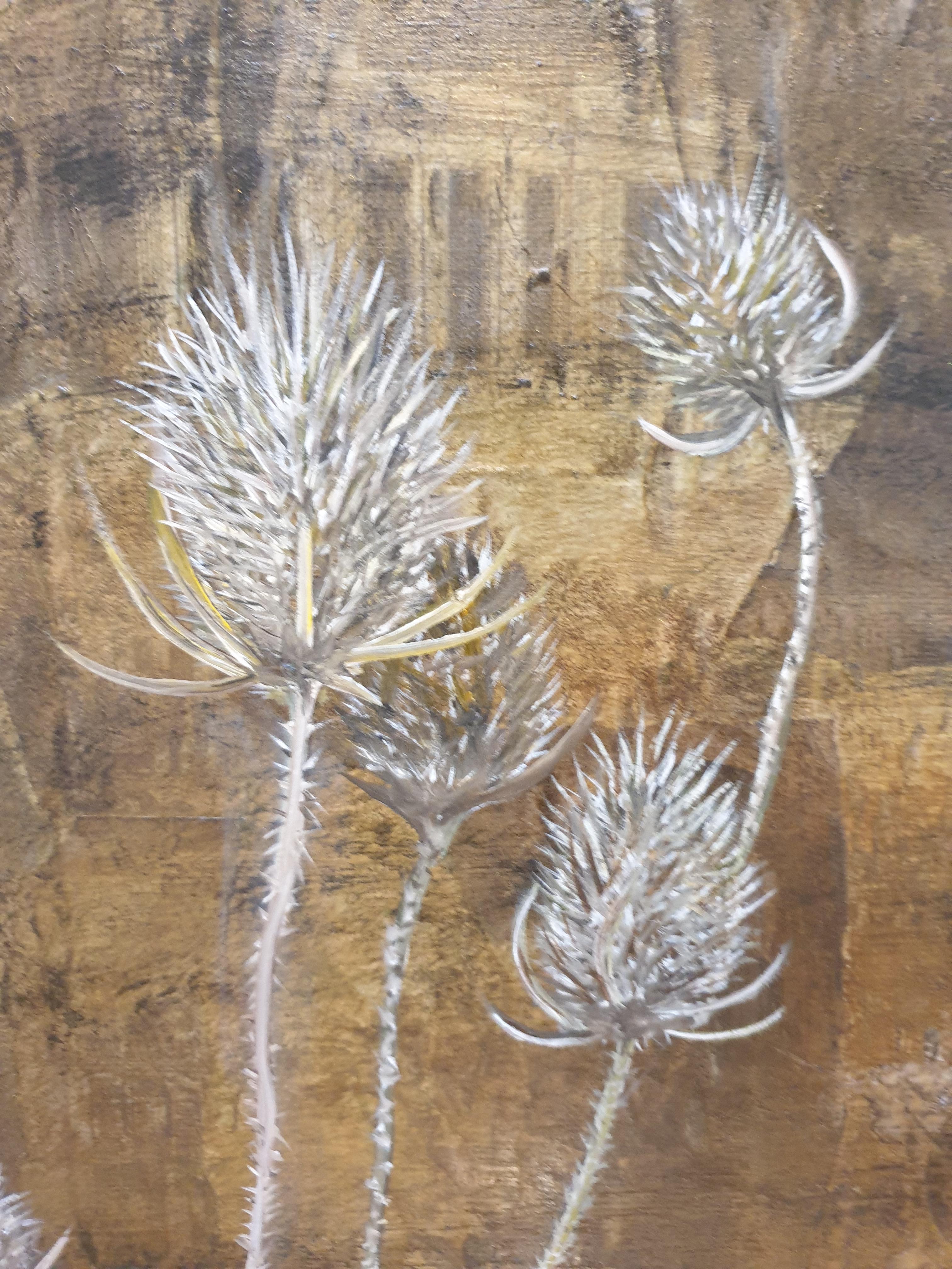 Disteln. Zeitgenössisches botanisches Öl-, Acryl- und Mischtechnik-Gemälde auf Karton. im Angebot 5