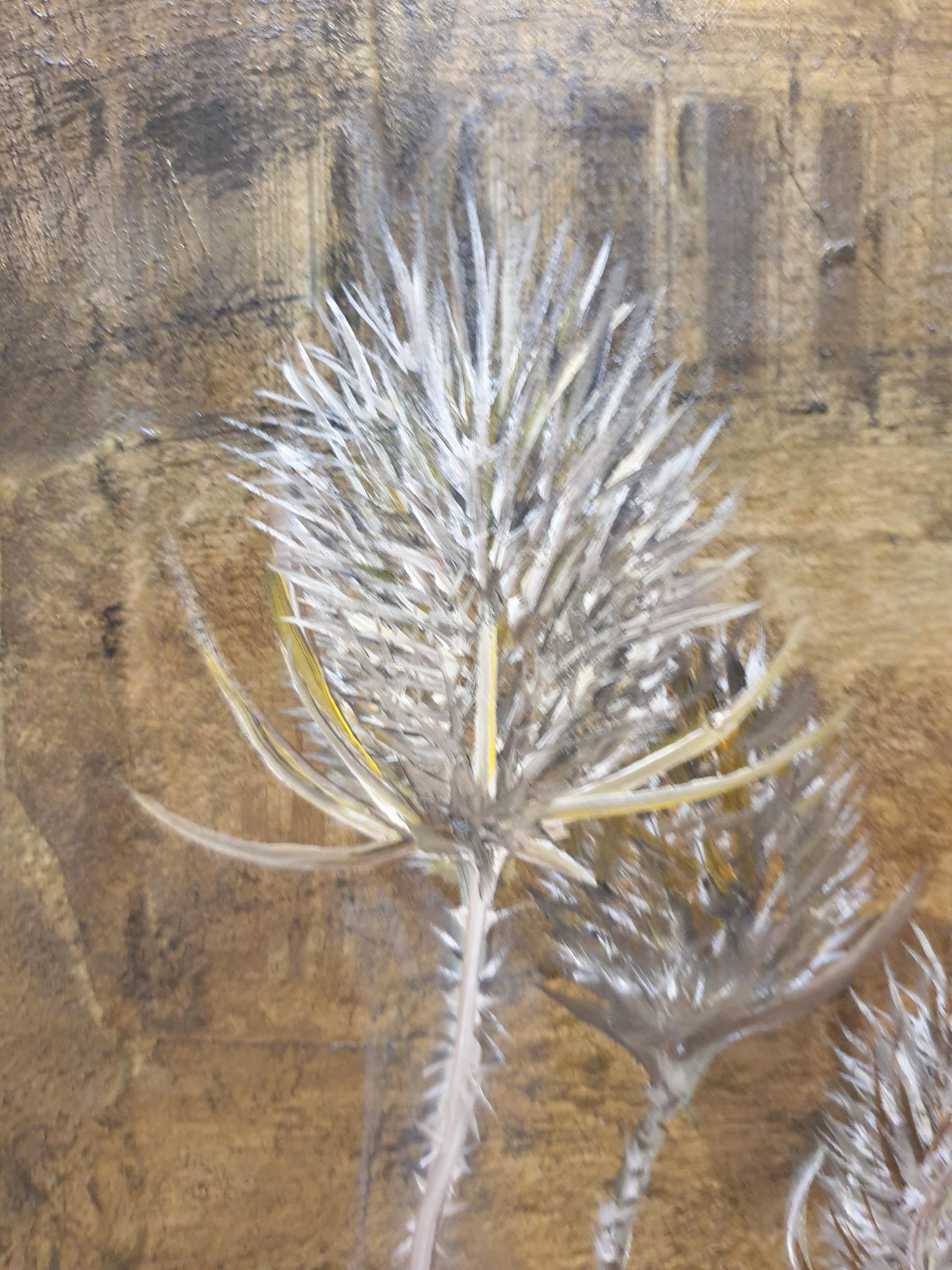 Thistles. Contemporary Botanical Oil, Acrylic and Mixed-media on Board. For Sale 3