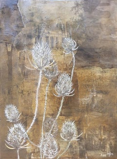Thistles. Contemporary Botanical Oil, Acrylic and Mixed-media on Board.