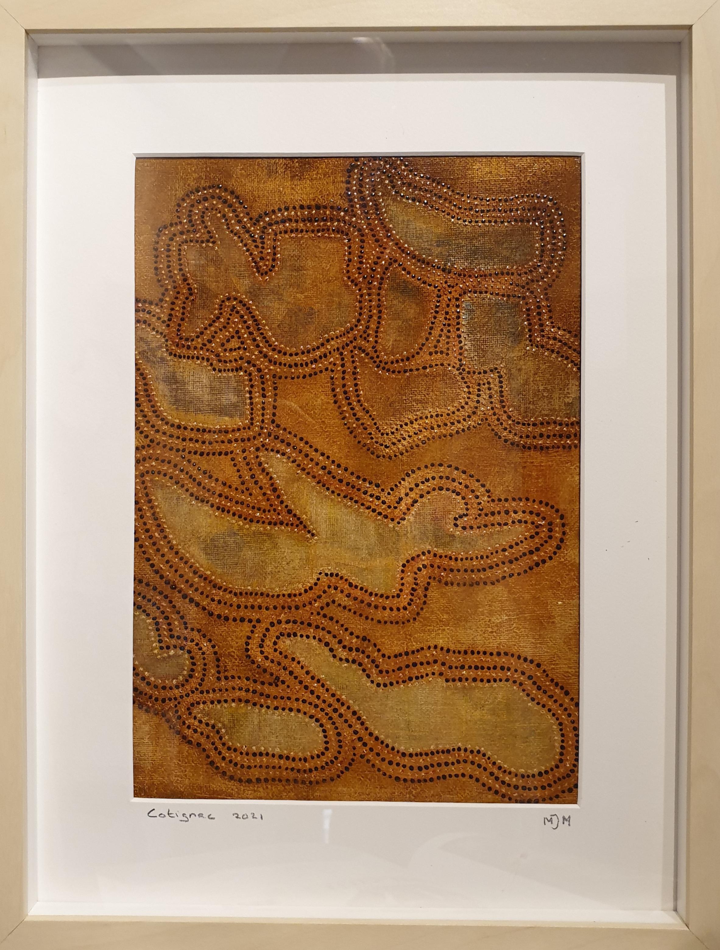 Abstrait contemporain d'inspiration aborigène de Menno Modderman, artiste néerlandais peignant dans le sud de la France, signé et daté en bas sur le passe-partout.

Travaillant depuis plusieurs années comme artiste dans son atelier de Cotignac, dans