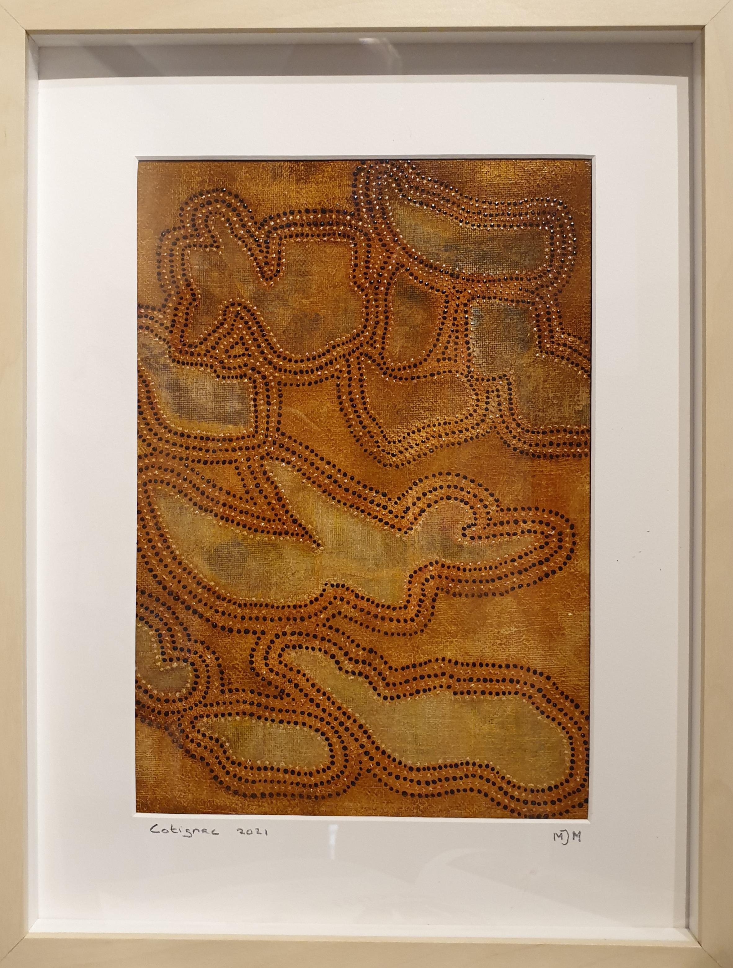 Astratto contemporaneo di ispirazione aborigena di Menno Modderman, un artista olandese che dipinge nel sud della Francia, firmato e datato in basso sul passepartout.

Lavorando da diversi anni come artista nel suo atelier di Cotignac, nel sud della