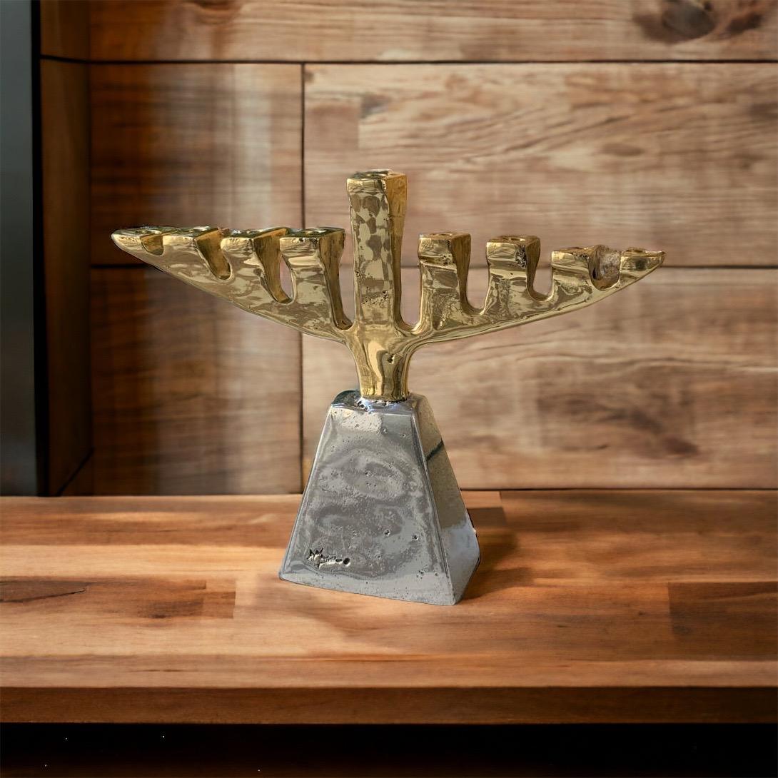 Cast Menorah G046 two Coloured Gold Silver Handmade in Spain Tabletop Candlestick For Sale