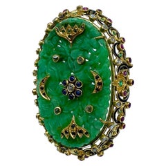 Vintage Menorah Jade & Enamel Pendant with Moons 5 Carats TW 18 Karat Gold Sapphires