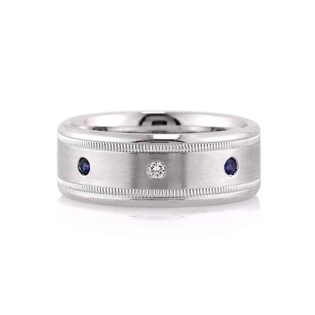 Men
s 0.35ct Sapphire and Diamond Wedding Band in 14k White Gold 8.5mm For Sale