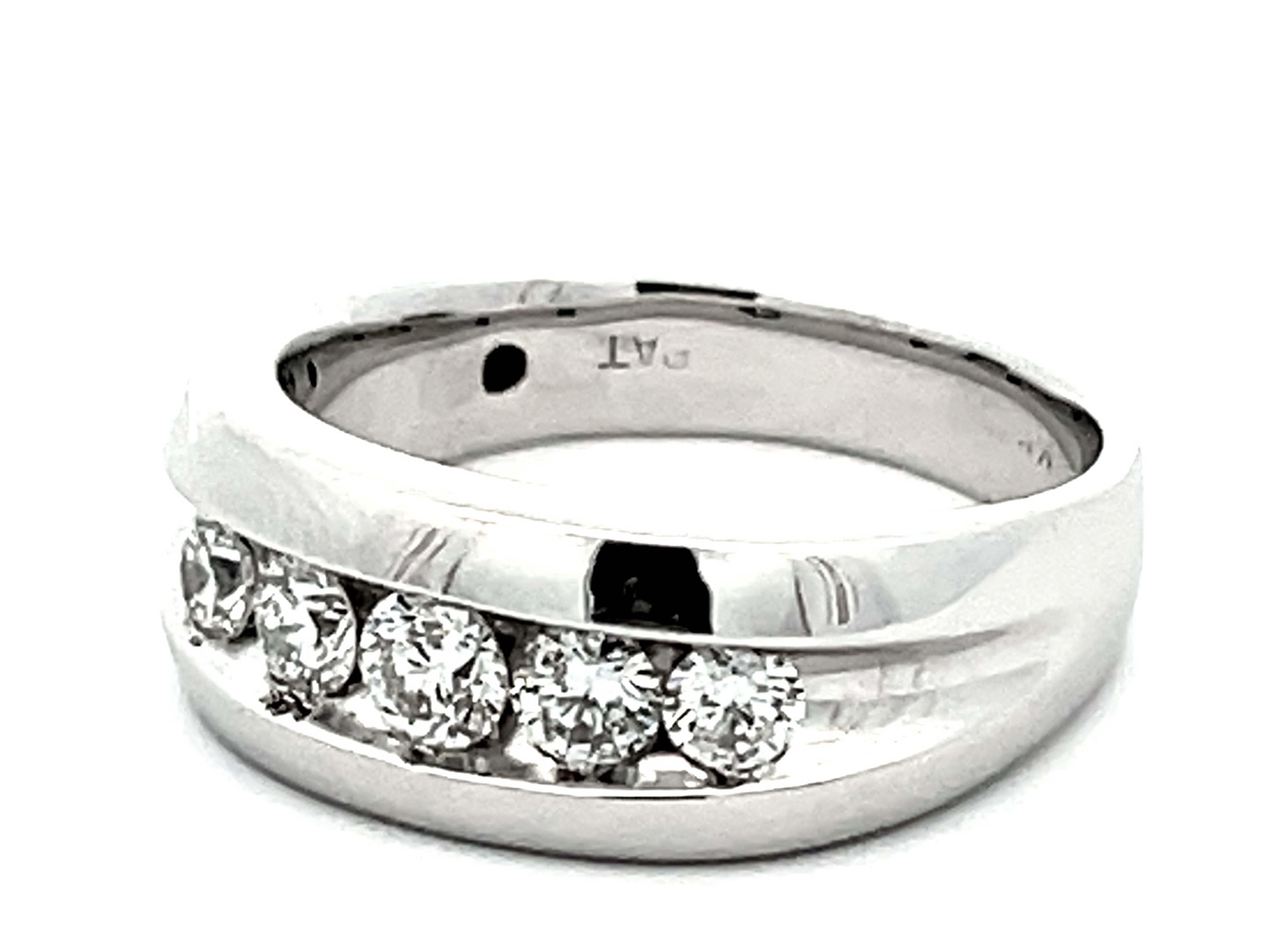 Modern Mens 1 Carat 5 Diamond Band Ring 14k White Gold For Sale