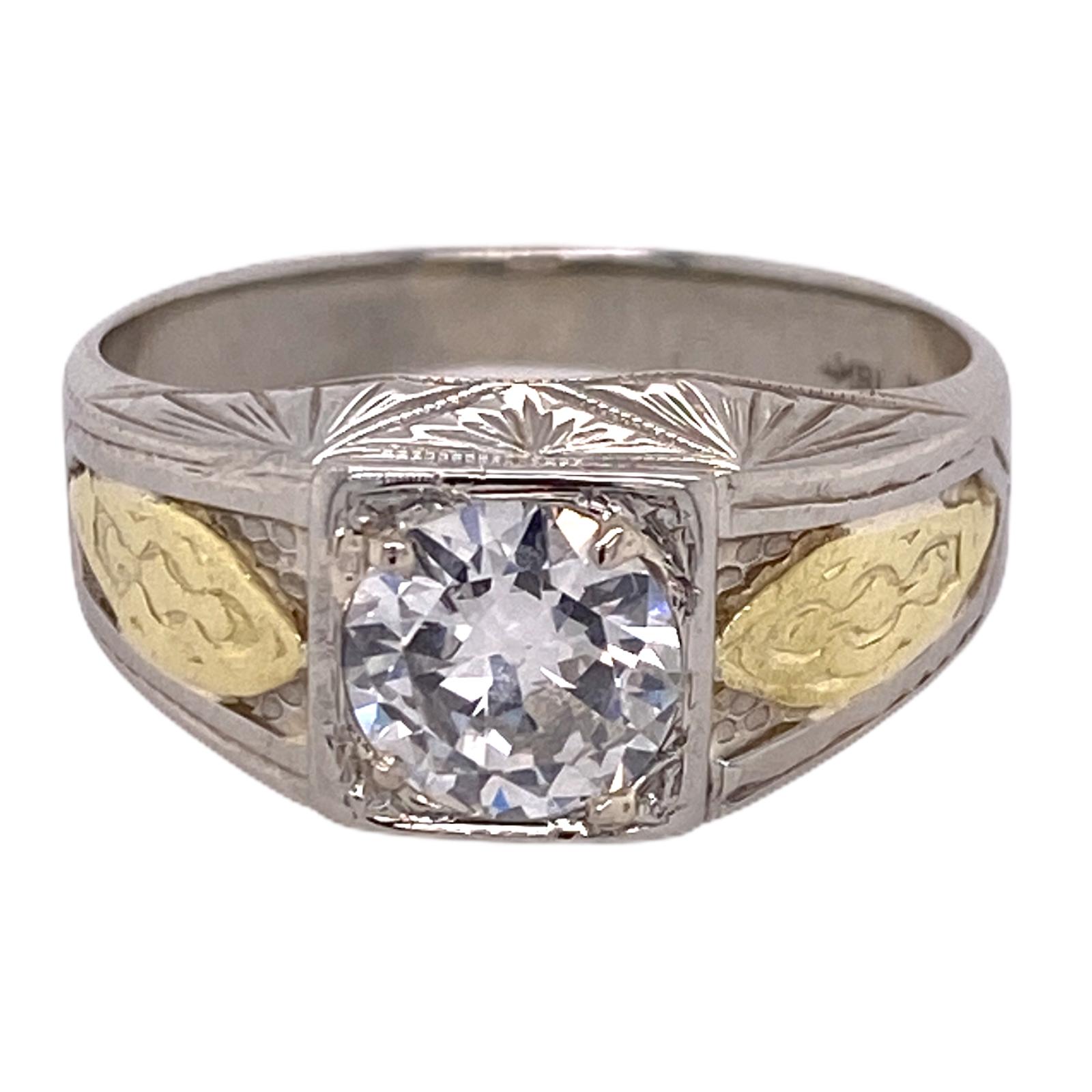 Men's Solitaire Diamond Vintage Ring fashioned in 18 karat two tone gold. The GIA certified Old European Cut diamond weighs 1.07 carats and is graded G color and VS1 clarity. The two tone band measures 10mm in width and is size 9 (can be sized). 