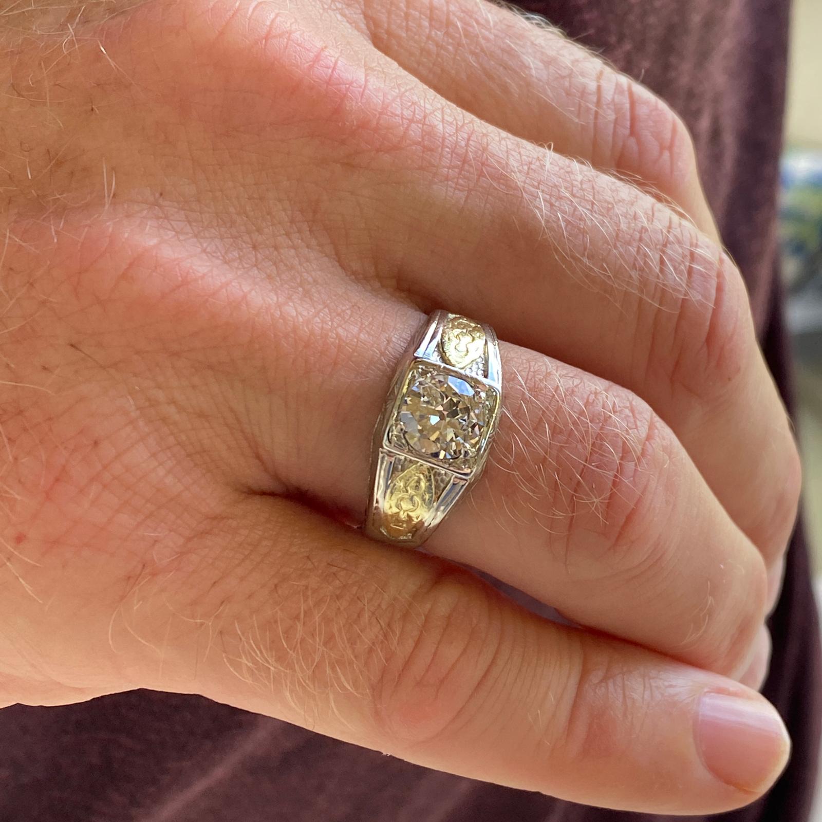 Old European Cut Men's 1.07 Carat Diamond Solitaire 18 Karat Two-Tone Gold Vintage Ring GIA G/VS1