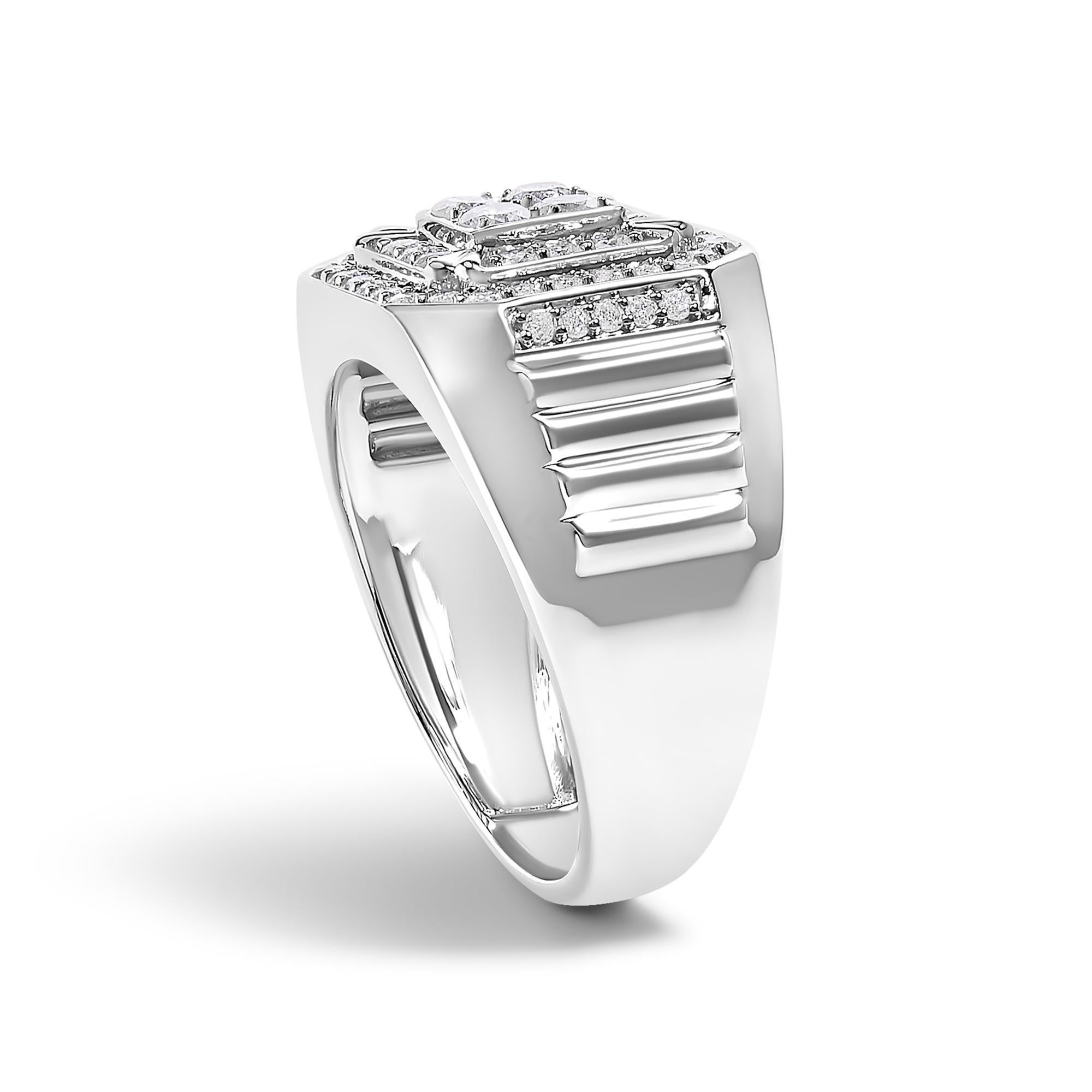 Herren 10K Weißgold 1,00 Cttw Diamant achteckig Siegel Stil Band Ring (Rundschliff) im Angebot
