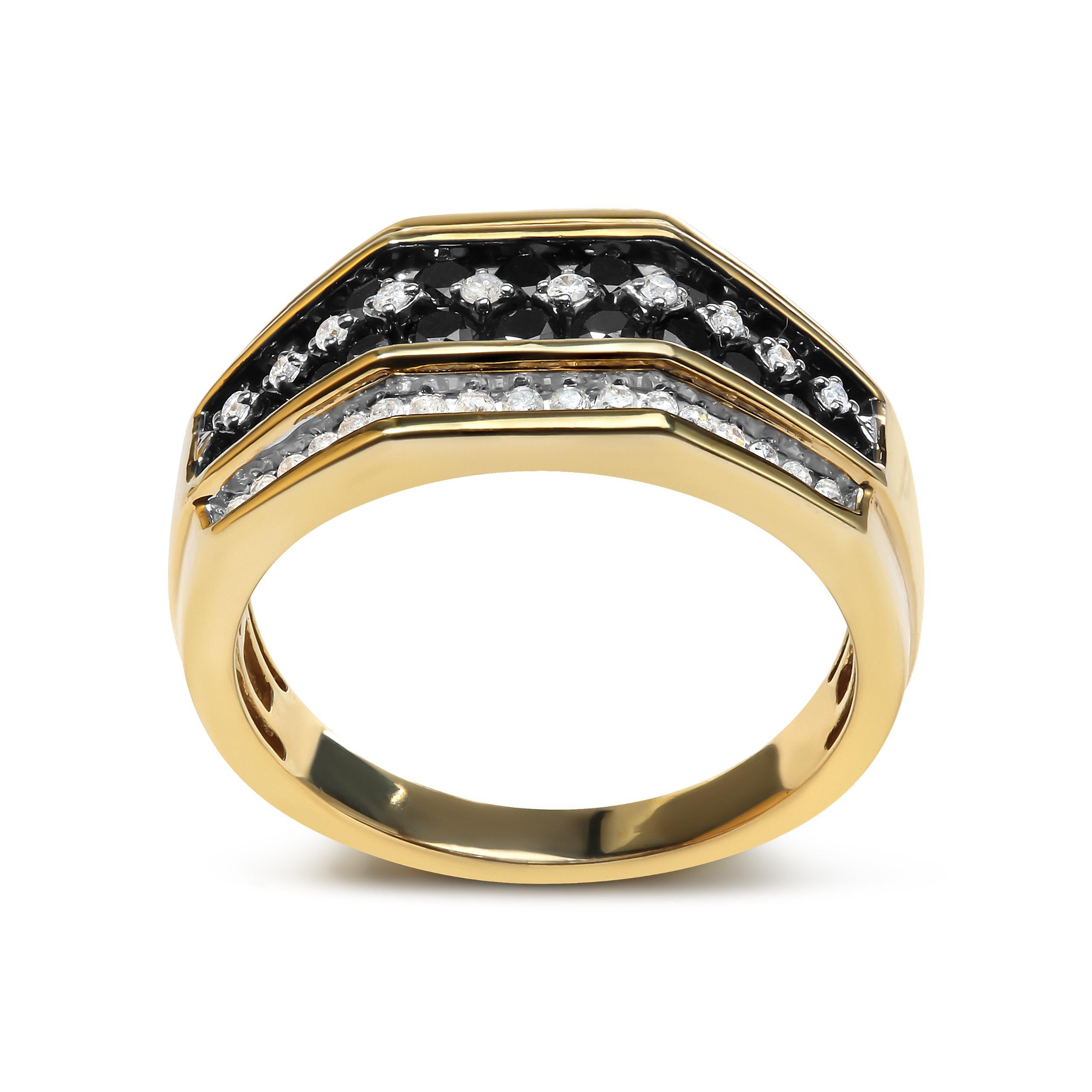 Indulge in luxury with our stunning Men's Black and White Diamond Band Ring. This remarkable piece is crafted from 10K Yellow Gold , creating an intricate and stylish design that exudes sophistication. With 66 round, natural diamonds totaling 1.5