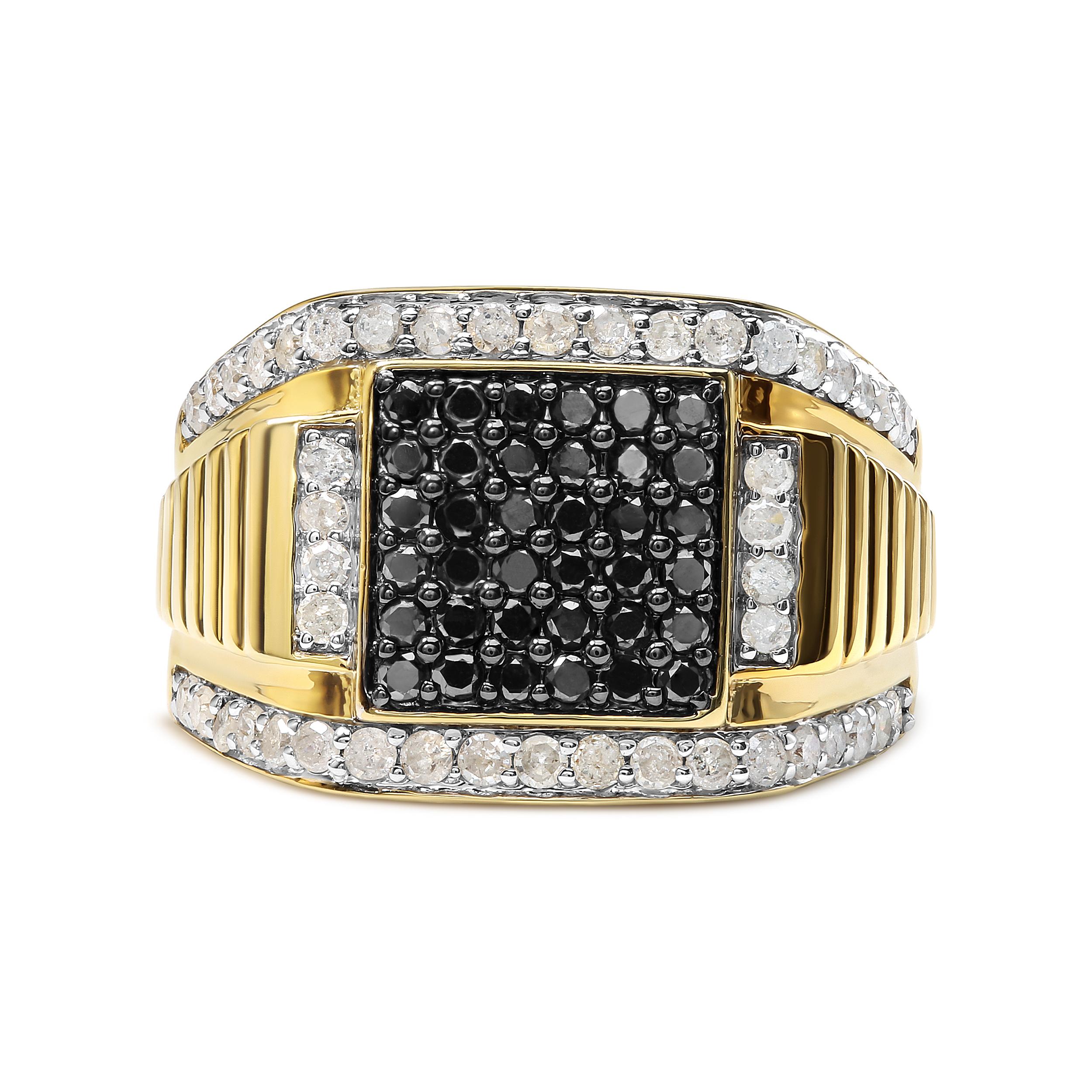 Men's 10K Yellow Gold 1 1/2 Carat White and Black Treated Diamond Cluster Ring For Sale