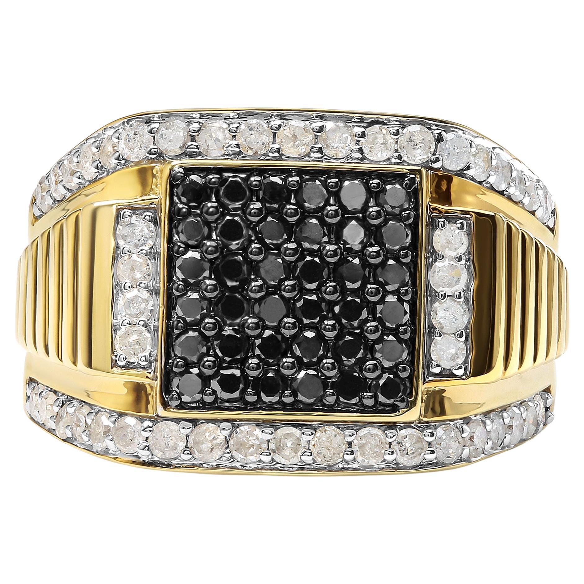 For Sale:  Men's 10K Yellow Gold 1 1/2 Carat White and Black Treated Diamond Cluster Ring