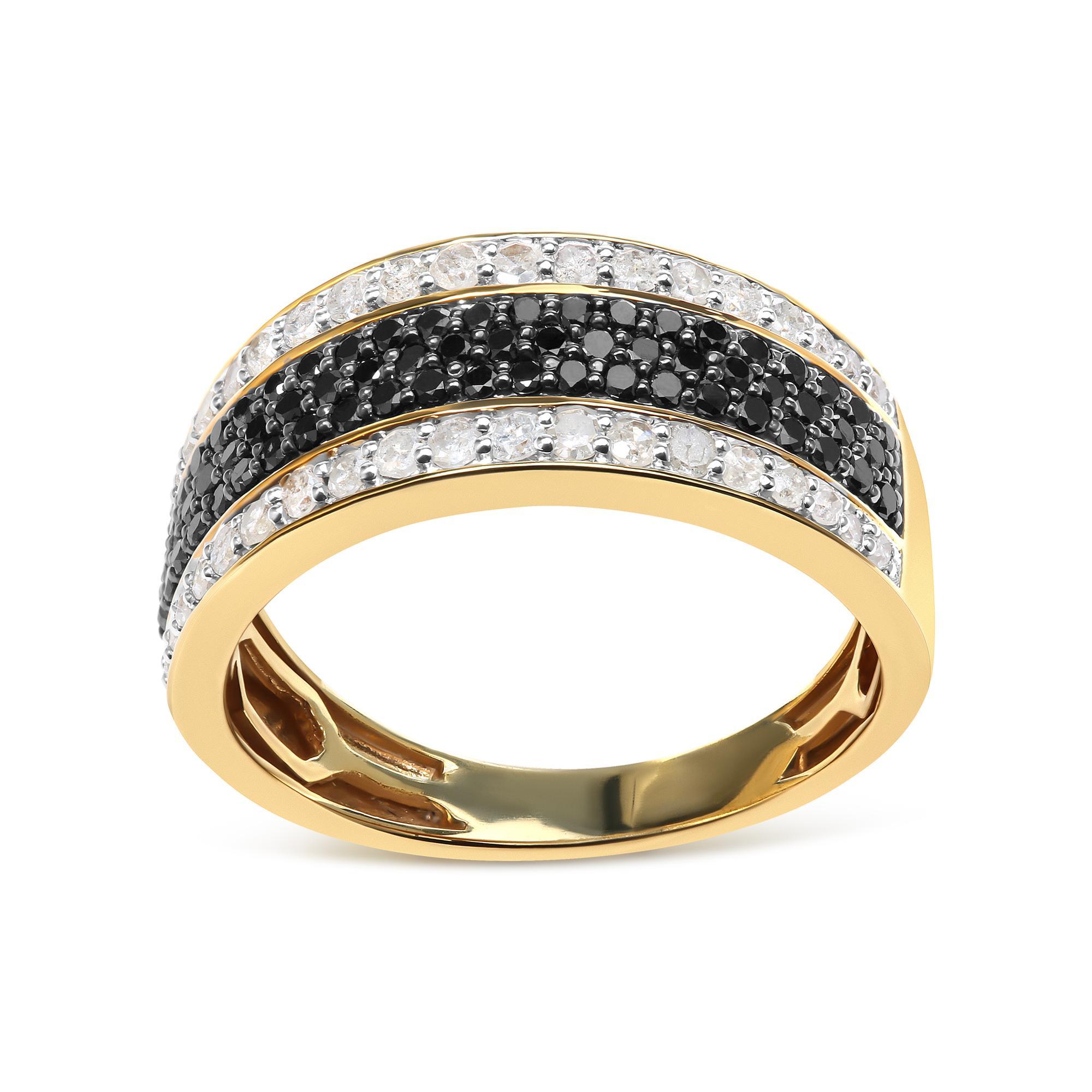 Imbued with masculine elegance, this striking ring is a symphony of precision and style, crafted in luxurious 10K yellow gold. At its heart lies a daring cluster of 1 1/4 carats of natural, earth-mined diamonds, with boldly contrasting hues of deep