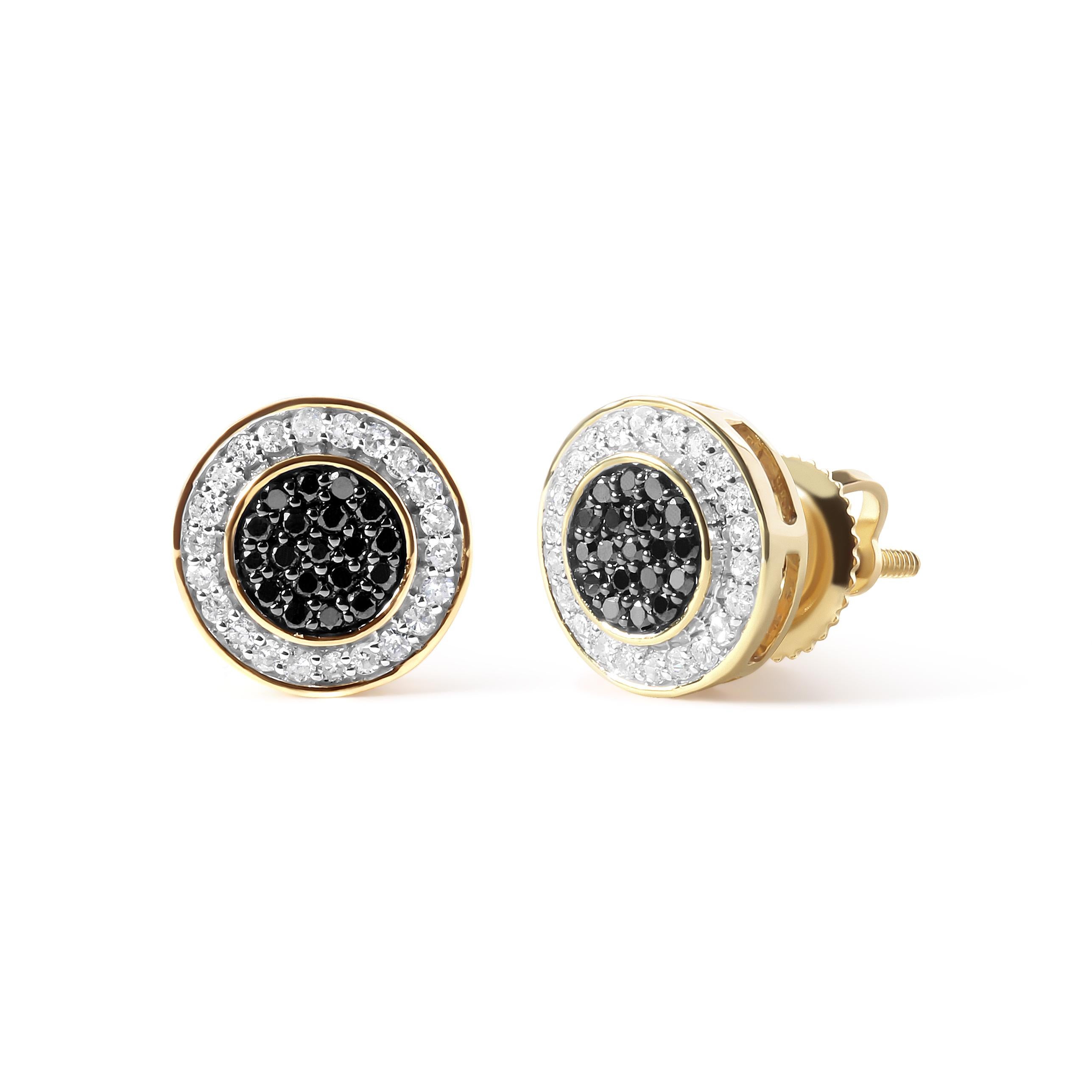Indulge in a touch of luxury with these stunning men's diamond stud earrings. Crafted from 10K yellow gold, these earrings sparkle with a total of 82 diamonds. 38 of these diamonds are treated black, adding a bold and unique touch, while 44 white
