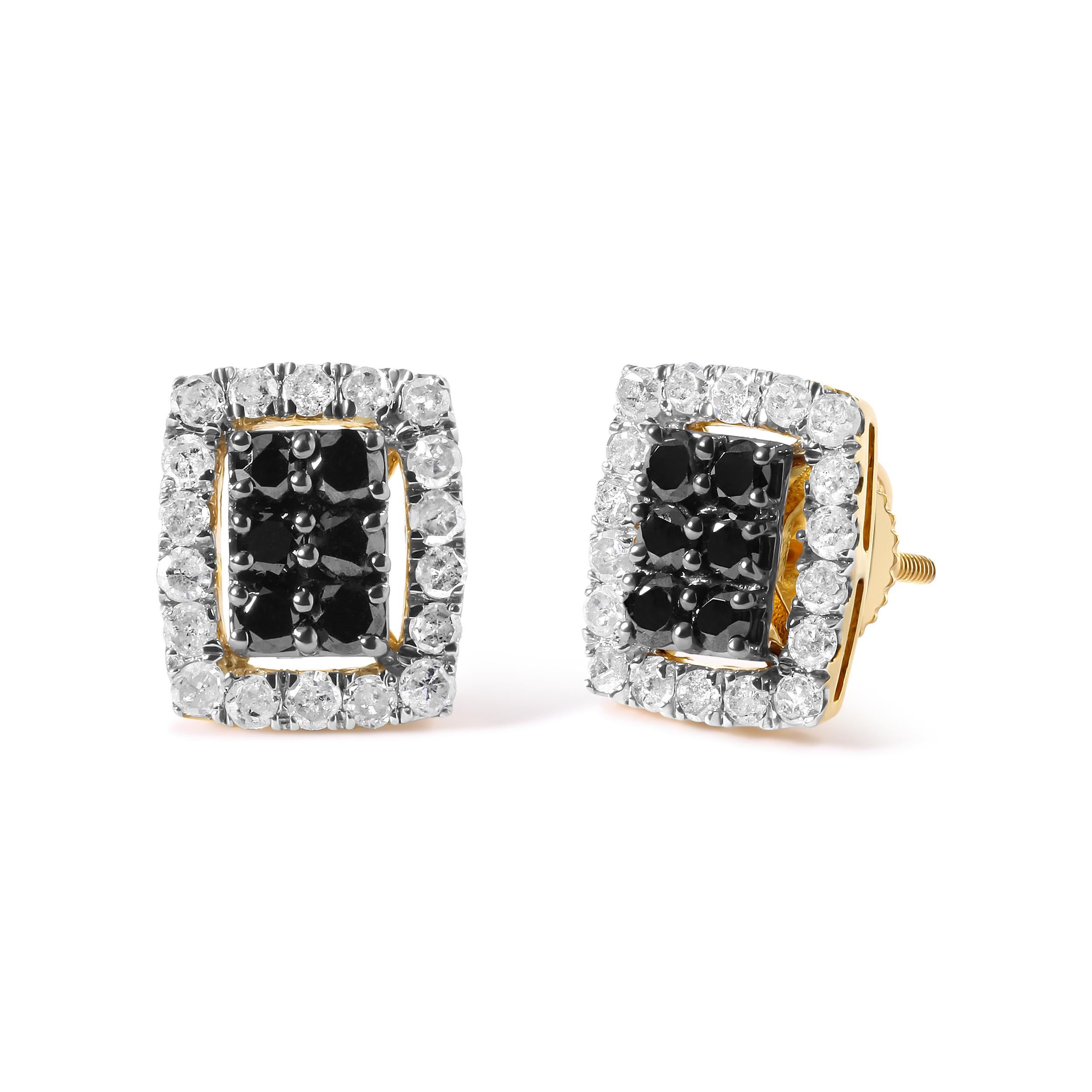 Indulge in the luxury of these stunning diamond stud earrings. Crafted from gleaming 10K yellow gold, these earrings boast a mesmerizing combination of black and white diamonds. With a total of 48 natural diamonds, including 12 black color treated