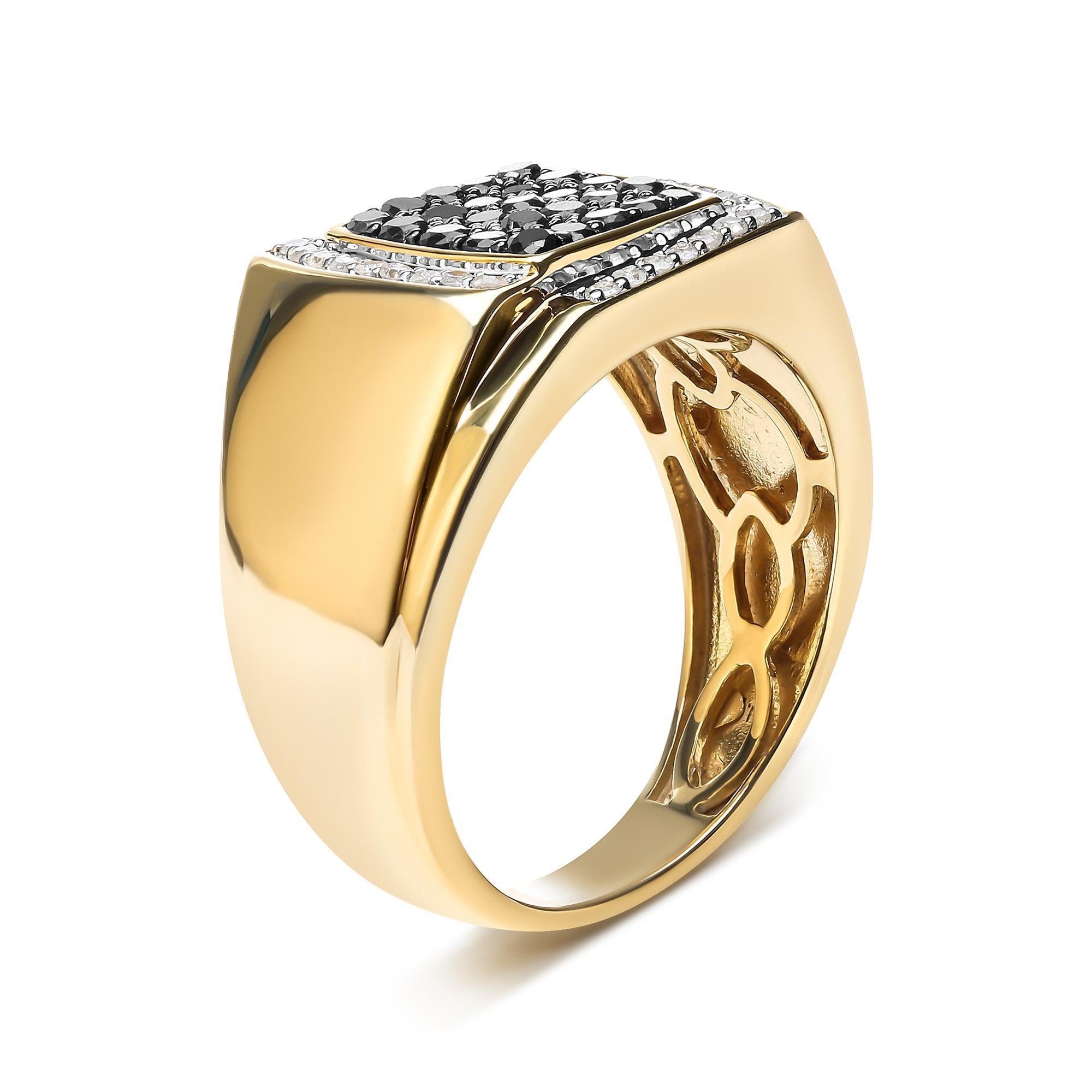 Modern Men's 10K Yellow Gold 1.00 Cttw Cluster Black and White Diamond Statement Ring For Sale