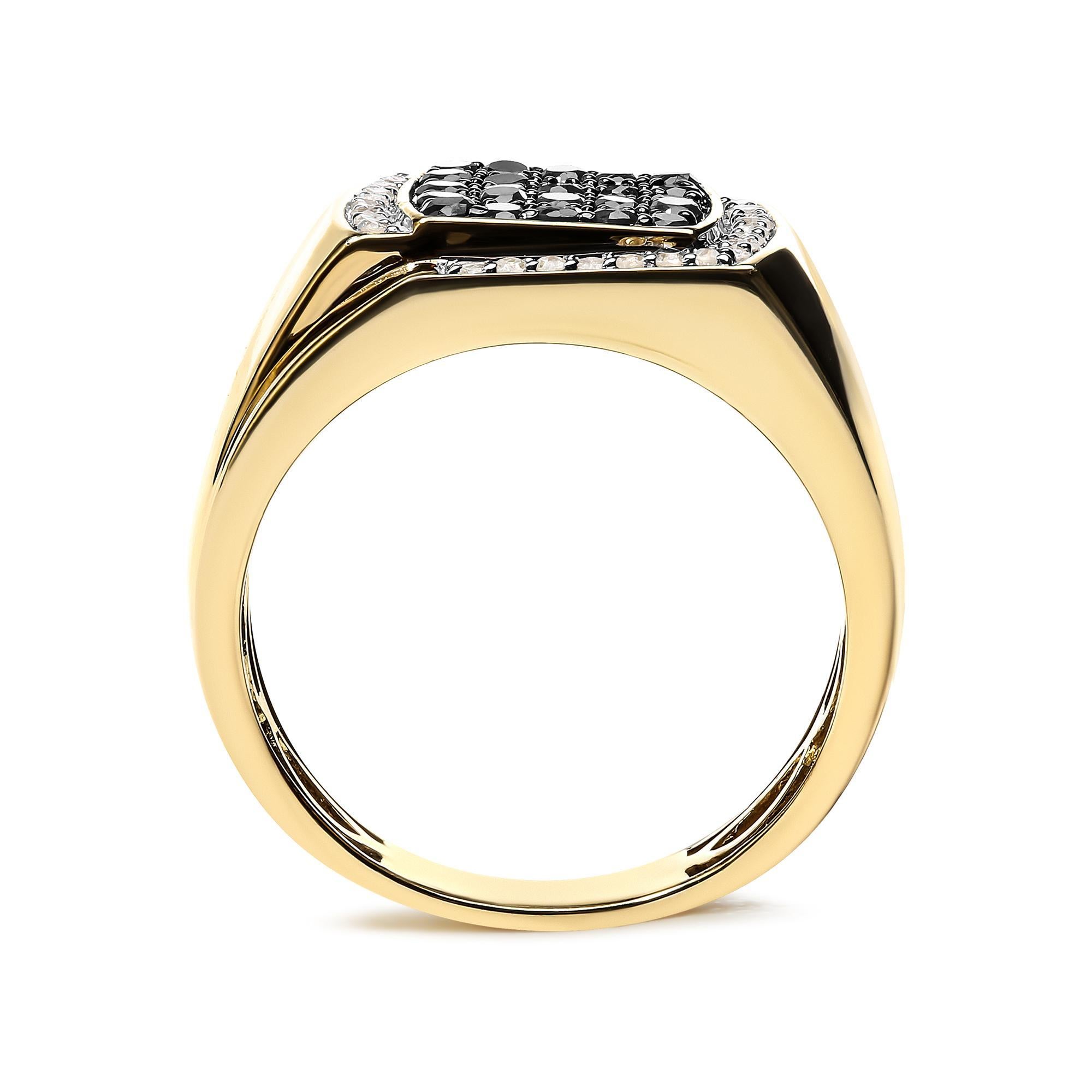 Round Cut Men's 10K Yellow Gold 1.00 Cttw Cluster Black and White Diamond Statement Ring For Sale