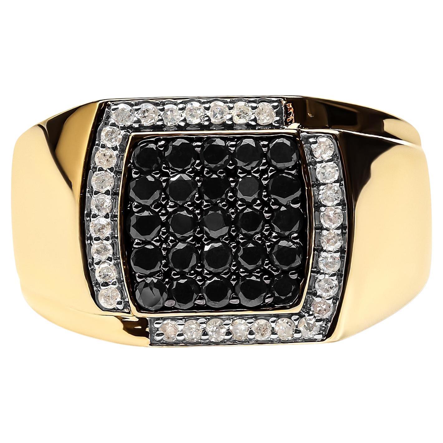 Herren 10K Gelbgold 1.00 Cttw Cluster Schwarz und Weiß Diamant Statement Ring im Angebot