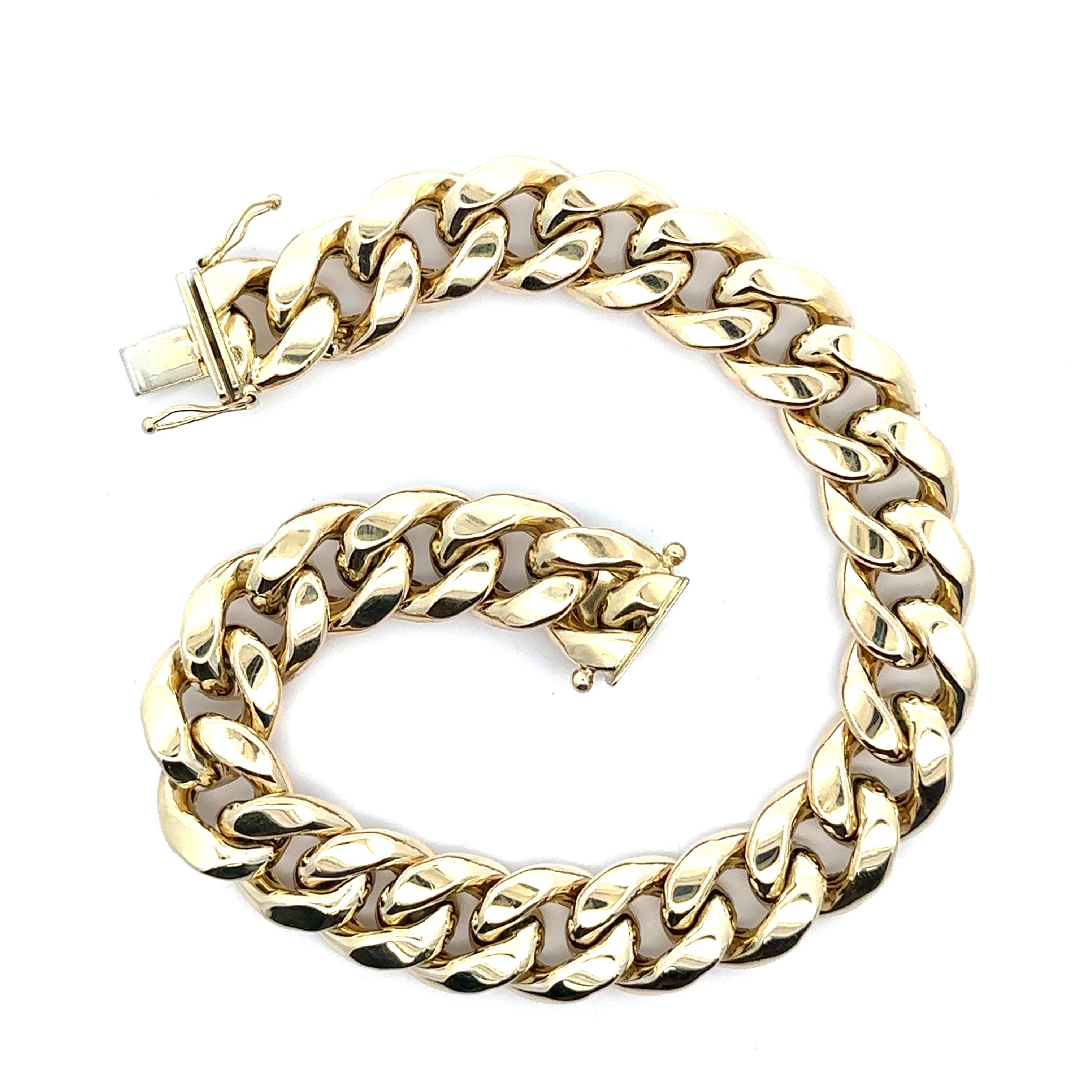 Men's 10k Yellow Gold 12.8mm Wide Puffed Miami Cuban Curb Link Chain Bracelet In Excellent Condition For Sale In Montclair, NJ