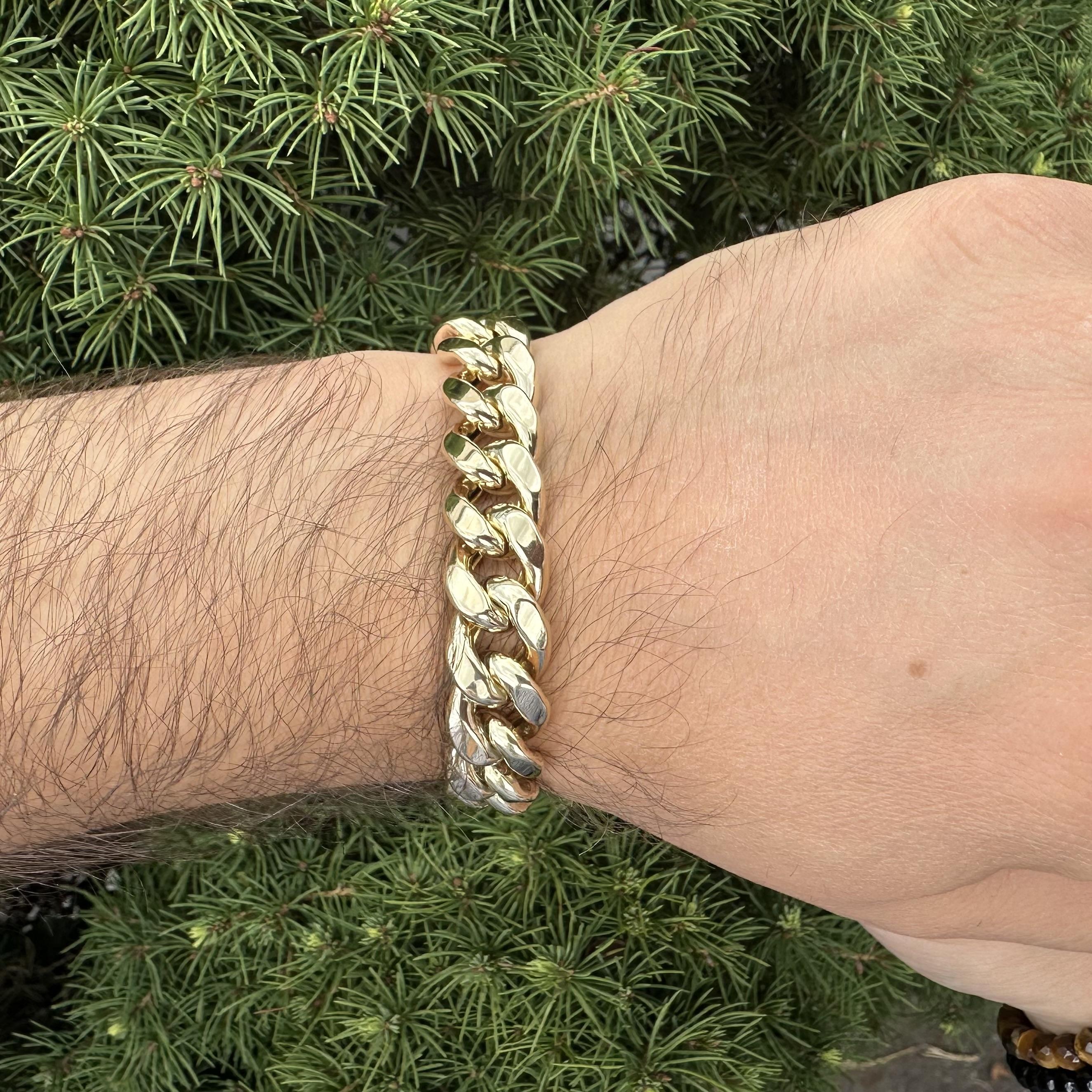 Men's 10k Yellow Gold 12.8mm Wide Puffed Miami Cuban Curb Link Chain Bracelet For Sale 6