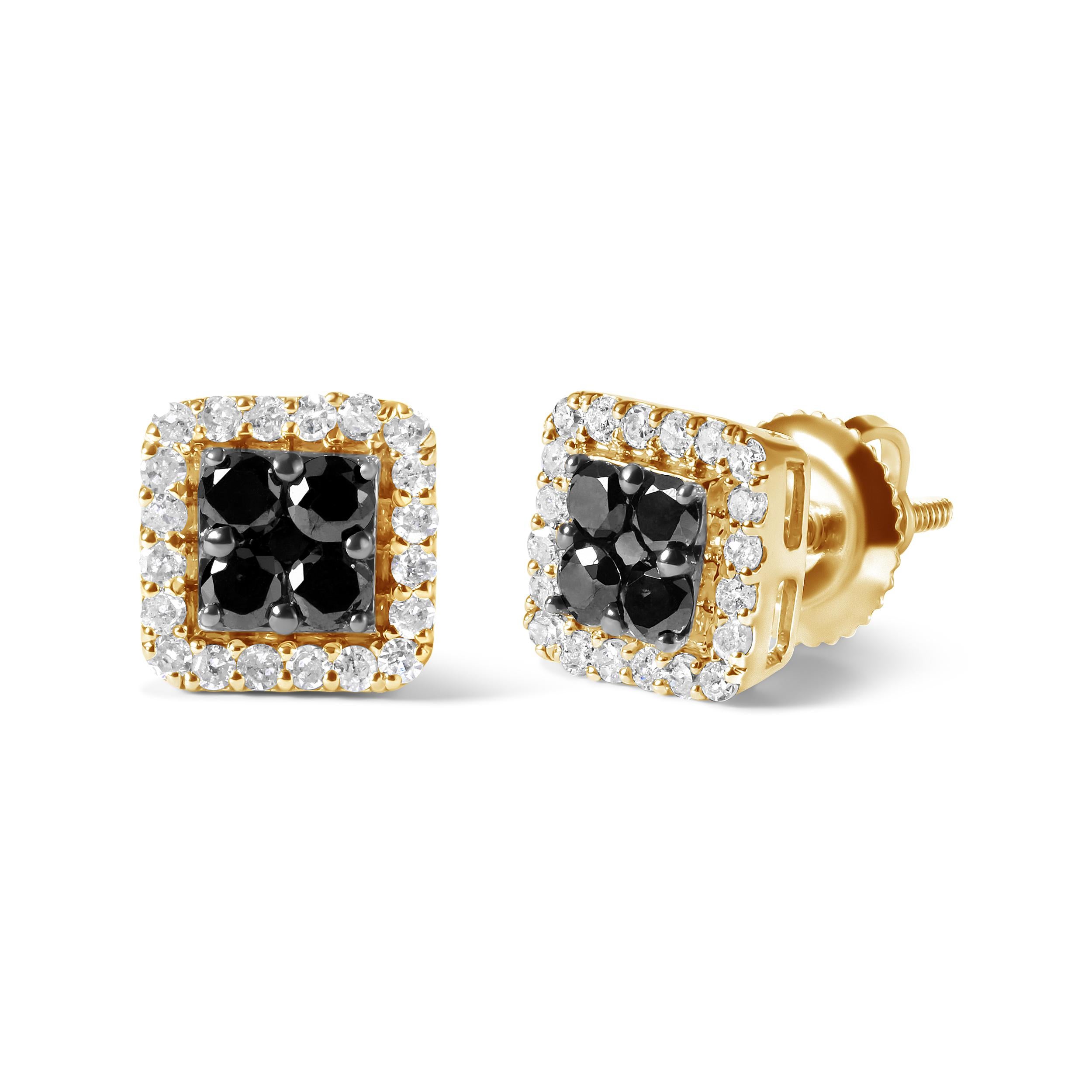 Elevate your style with these stunning composite halo stud earrings, crafted from 10K yellow gold. The sophisticated design features a mesmerizing mix of 50 natural round diamonds, including 10 black diamonds treated for color and 40 white diamonds