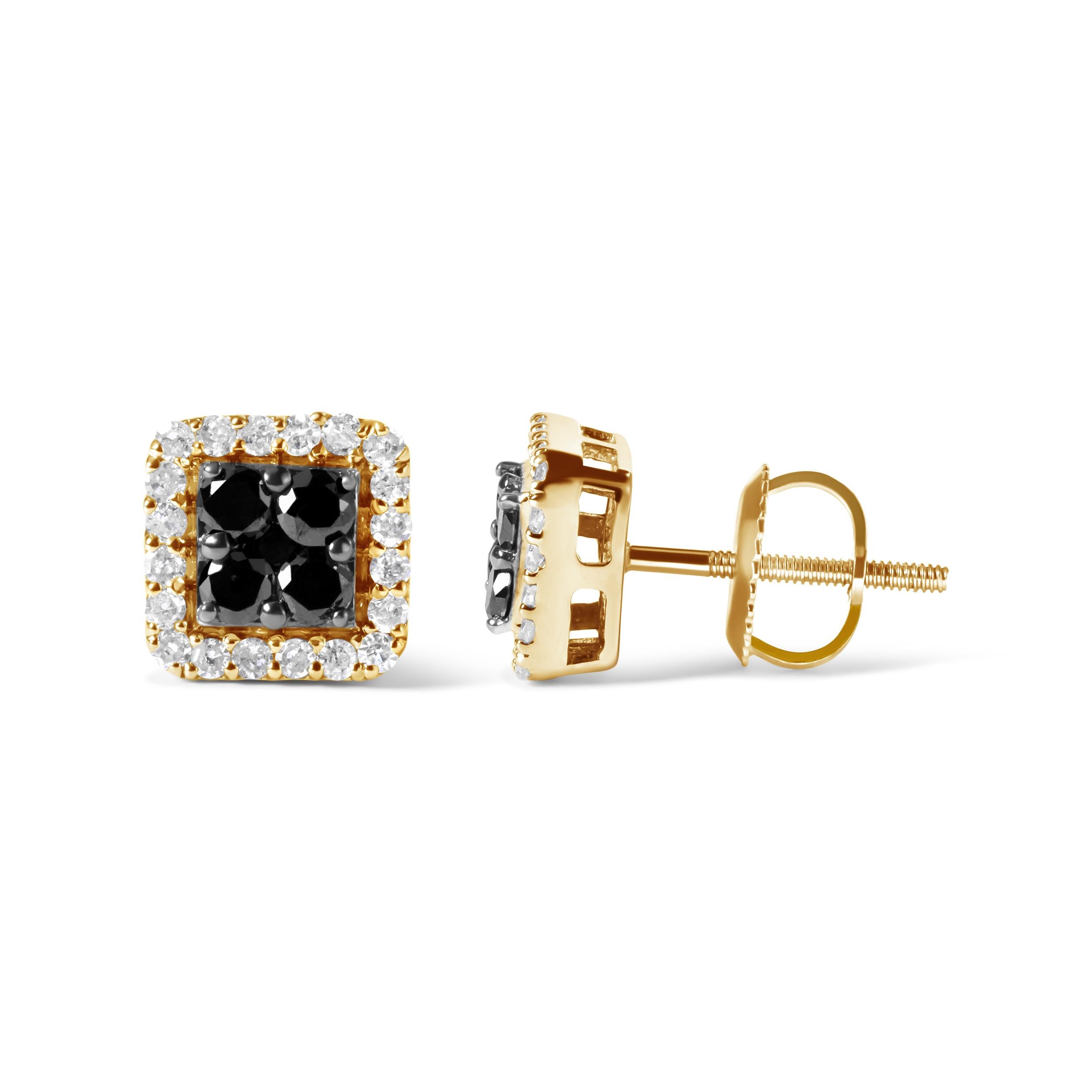 Contemporary Men's 10K Yellow Gold 5/8 Carat White and Black Treated Diamond Stud Earring For Sale
