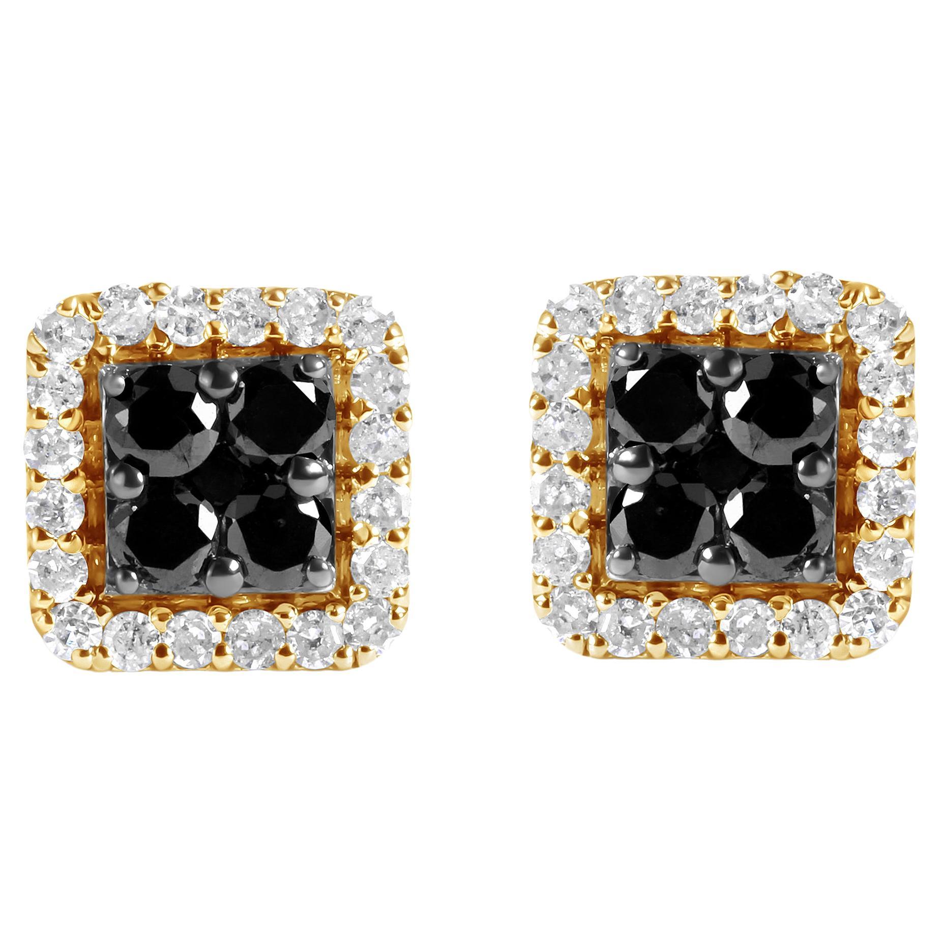 Clous d'oreilles pour hommes en or jaune 10 carats avec diamants blancs et noirs traités de 5/8 carats en vente