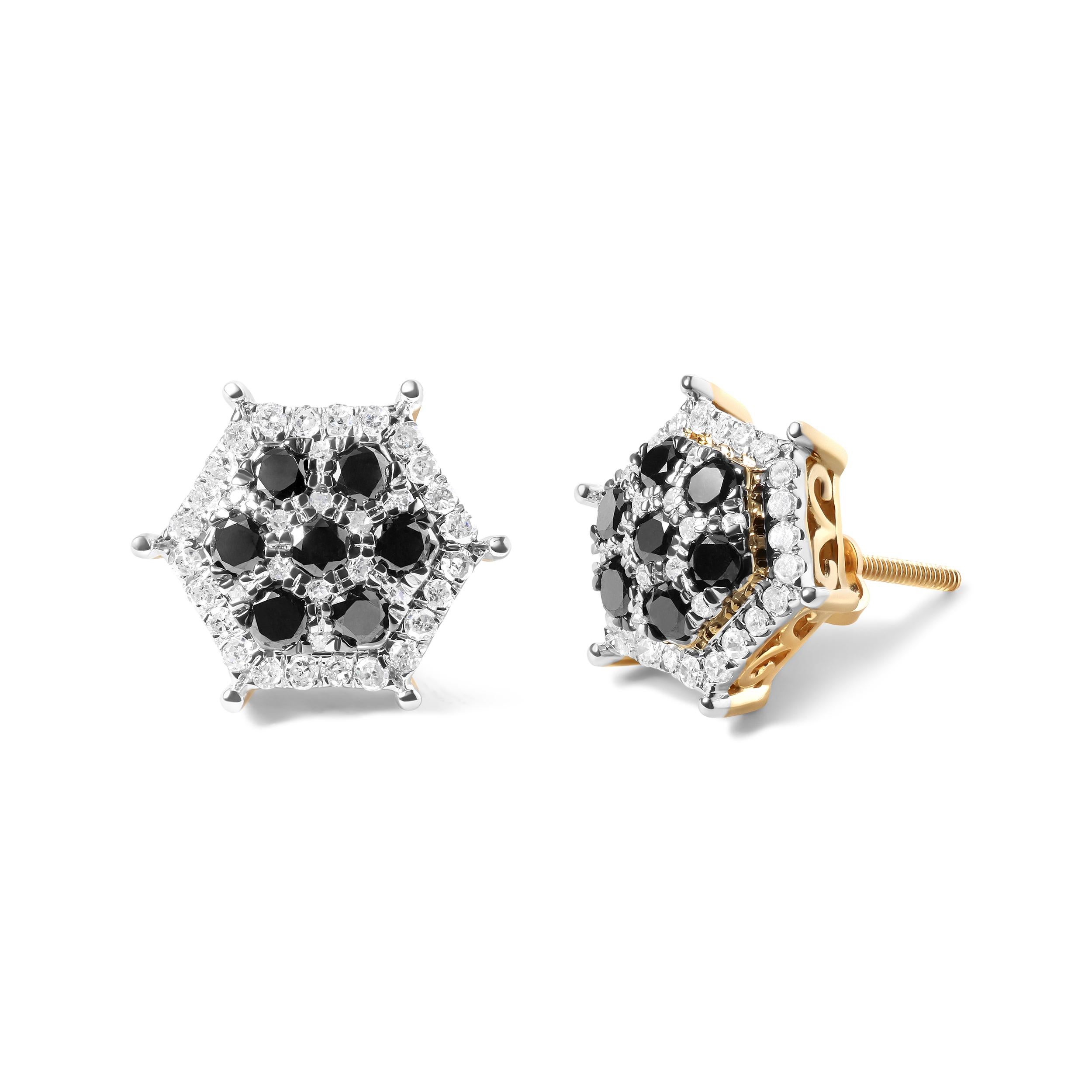Indulge in the luxury and elegance of these stunning diamond earrings, crafted from the finest 10K yellow gold. The perfect accessory for any stylish man, these earrings boast a total of 86 sparkling natural diamonds, including 14 black color