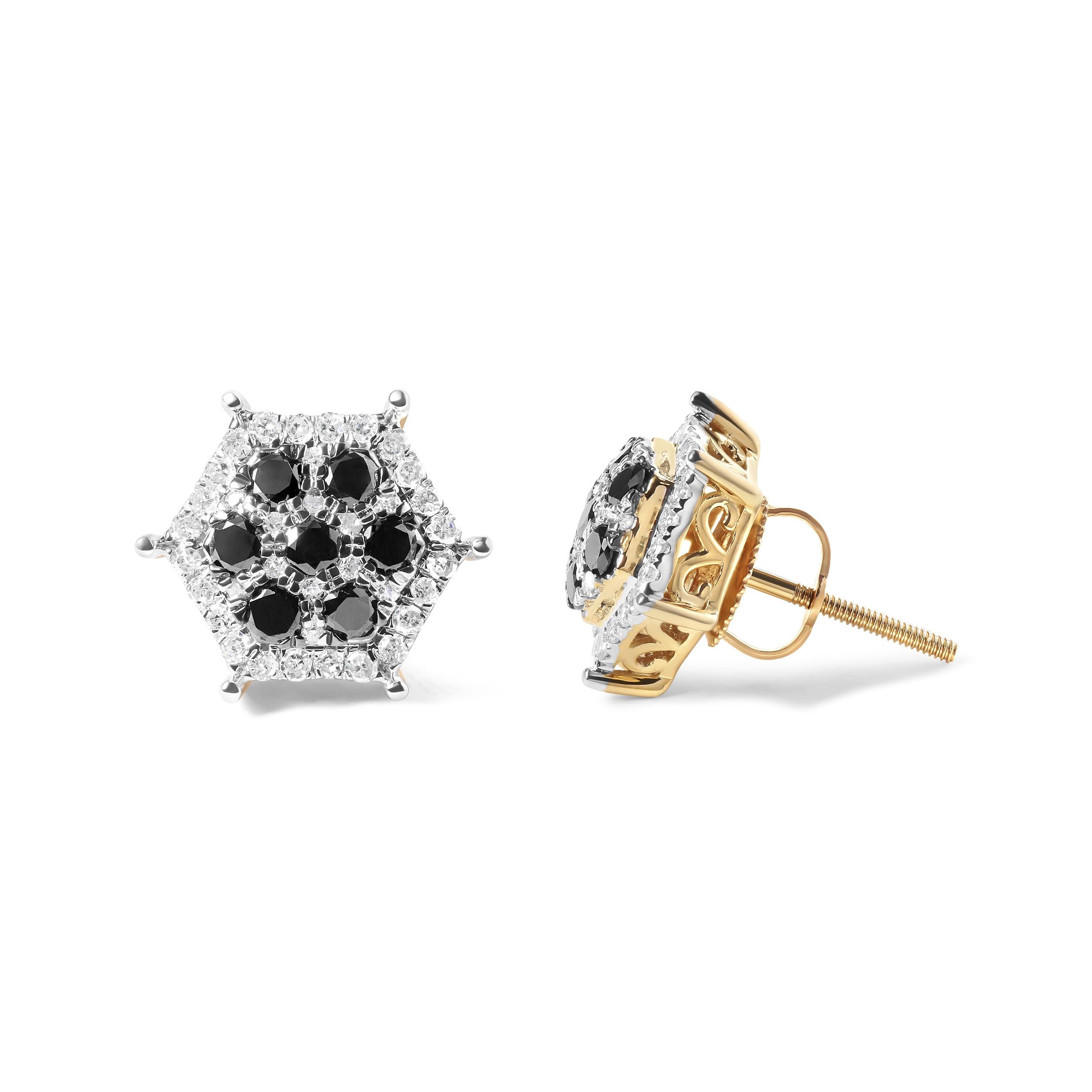 Moderne Boucles d'oreilles homme en or jaune 10K serties de diamants noirs Hexagone et Halo Pinwheel en vente