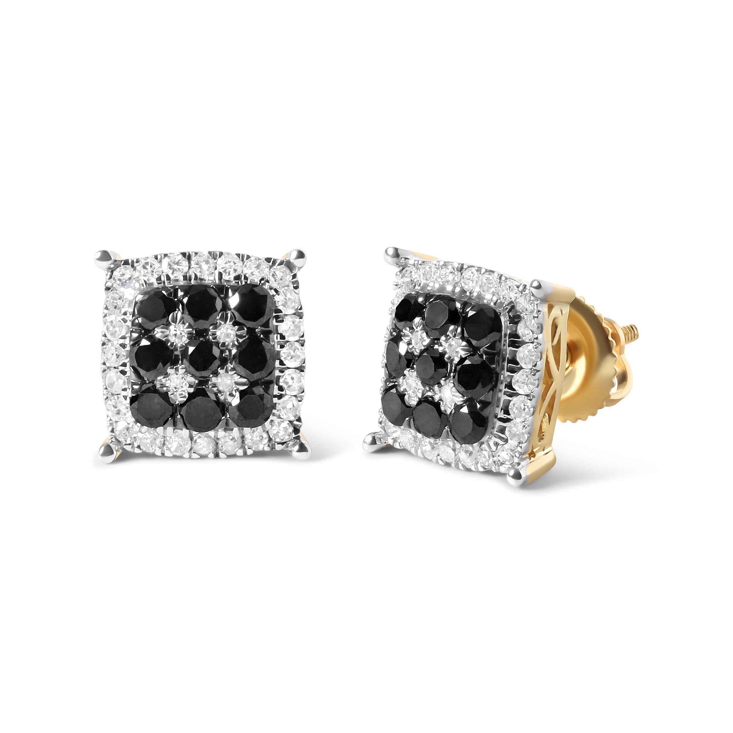 Indulge in the luxury of these stunning diamond stud earrings. Crafted from gleaming 10K yellow gold, these earrings boast a mesmerizing combination of black and white diamonds. With a total of 74 natural diamonds, including 18 black color treated