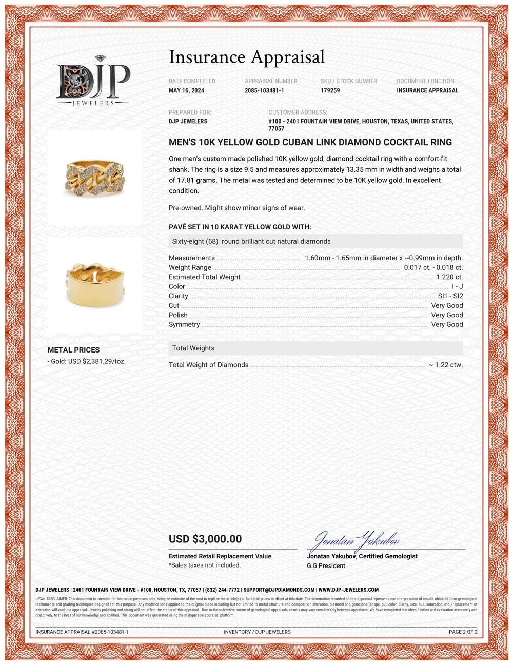 Herren 10K Gelbgold Cuban Link Diamant Cocktail Ring 3