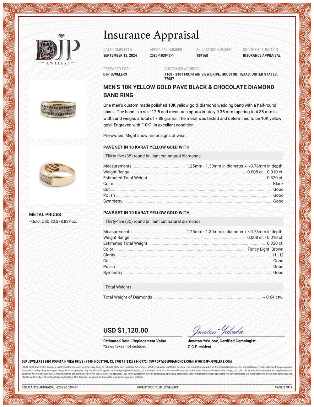 Men’s 10K Yellow Gold Pave Black & Chocolate Diamond Band Ring 3