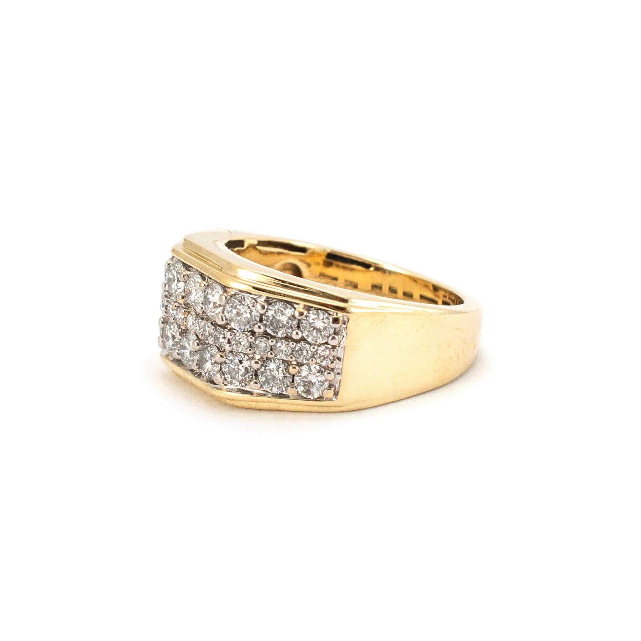 Round Cut Men’s 10K Yellow Gold Three Row Pave Diamond Band Ring