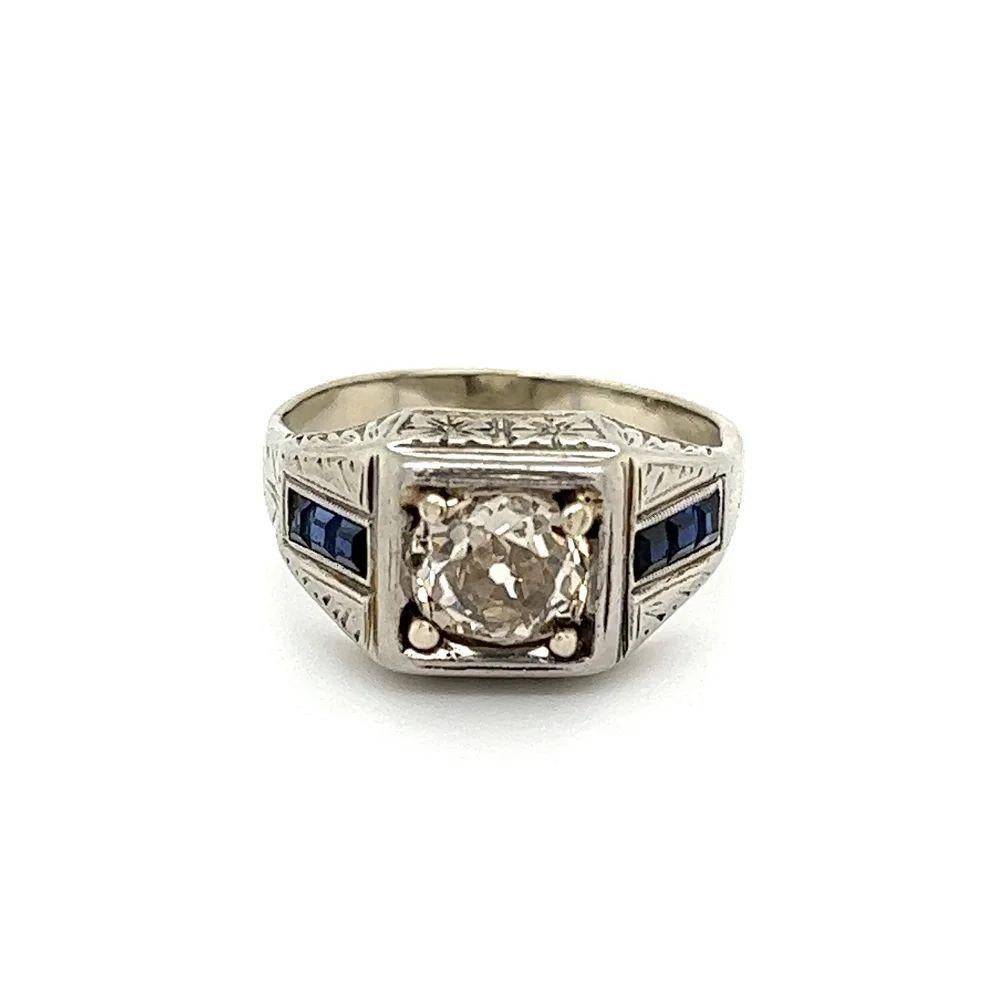 Men’s 1.20 Carat Old Mine Champagne Diamond and Sapphire Vintage Art Deco Ring  In Excellent Condition For Sale In Montreal, QC