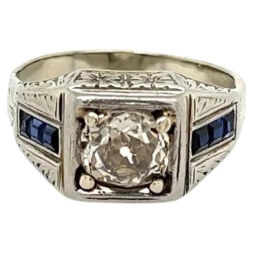 Men’s 1.20 Carat Old Mine Champagne Diamond and Sapphire Vintage Art Deco Ring  For Sale