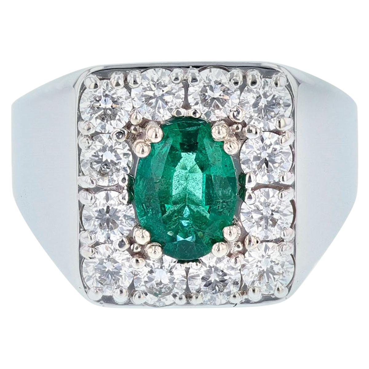 Men's 14 Karat Gold 1.44 Carat Oval Green Emerald Diamond Ring For Sale
