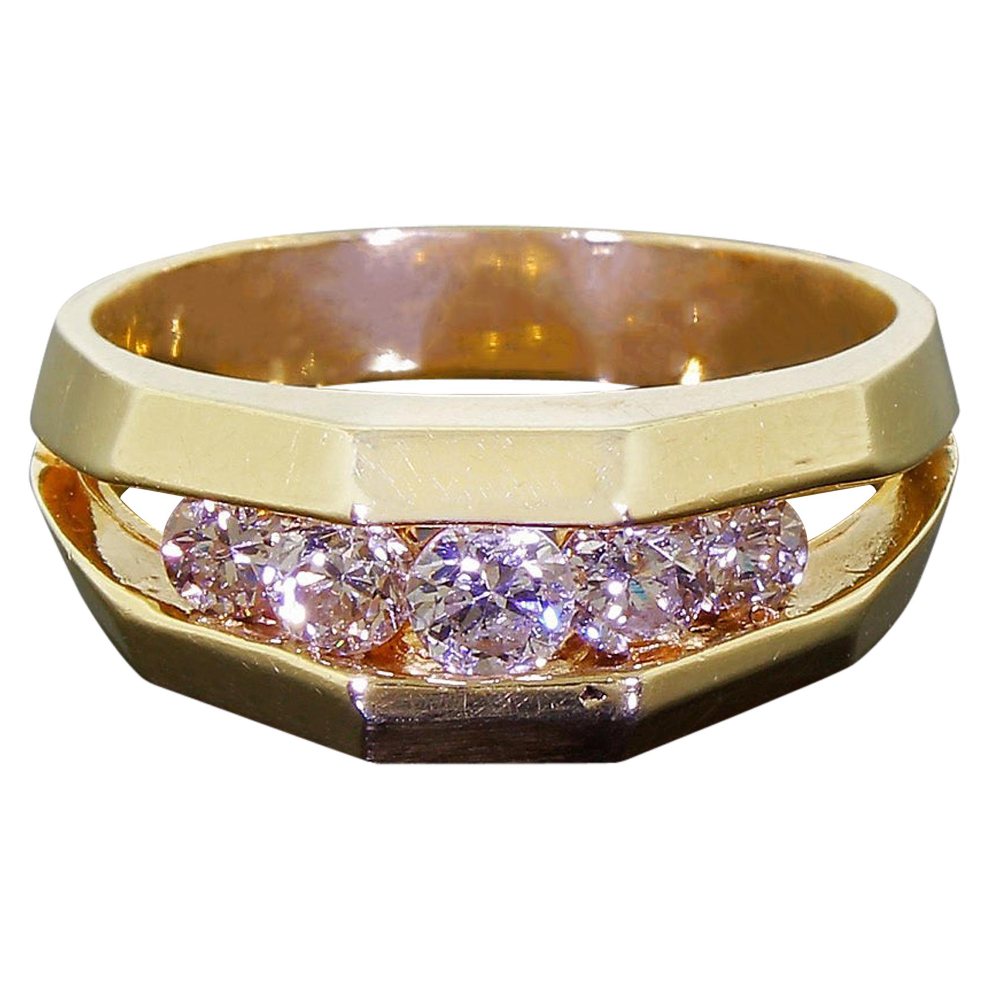 Men's 14 Karat Gold Ring Five Diamonds 0.50 Carat Unique 3D Channel Setting